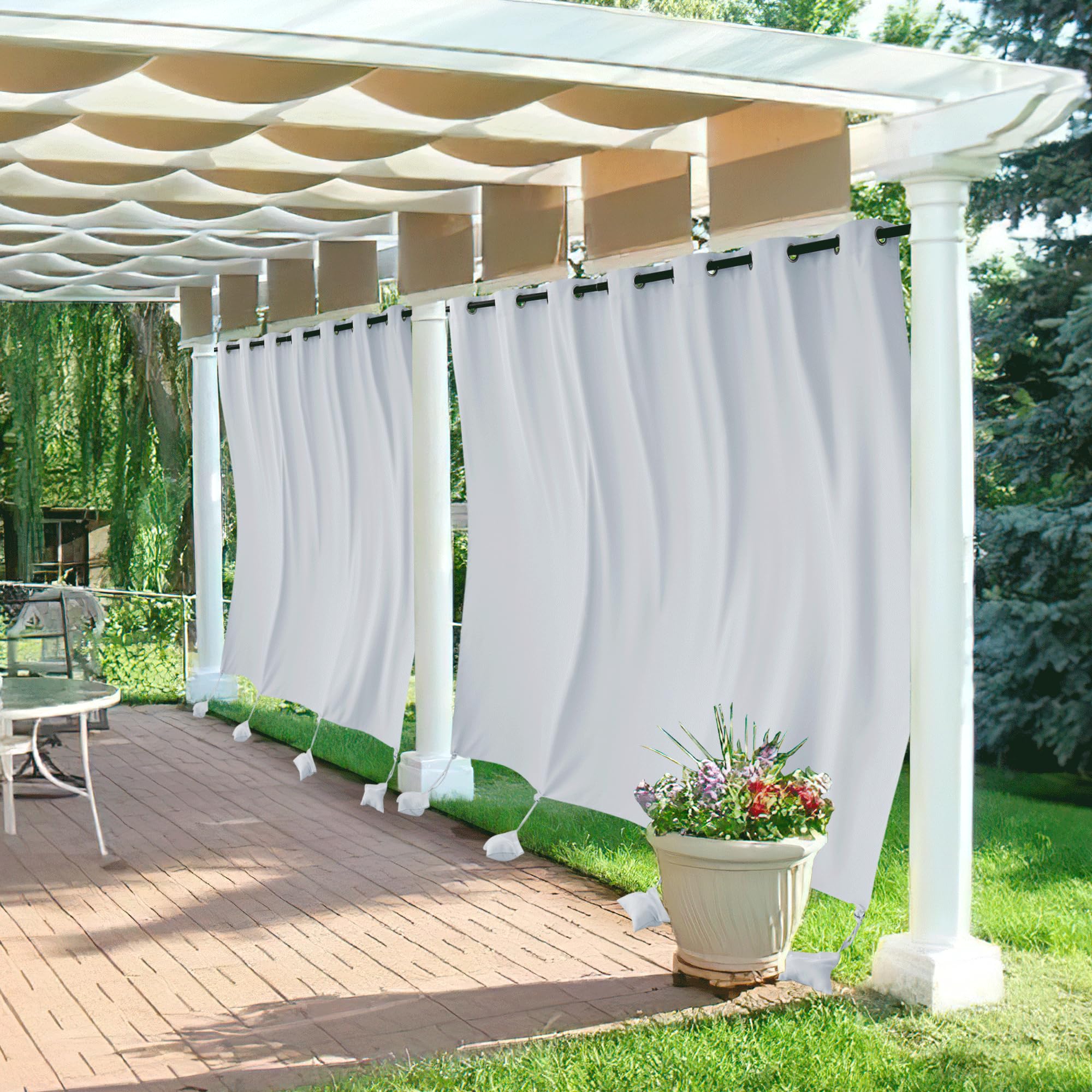 RYB HOME Outdoor Curtains for Patio Windproof with Weighted Bags, 2 Panels Waterproof Blackout Draperies Weather Resist Noise Reducing for Outside Living, W 52 x L 108 inch, Natural
