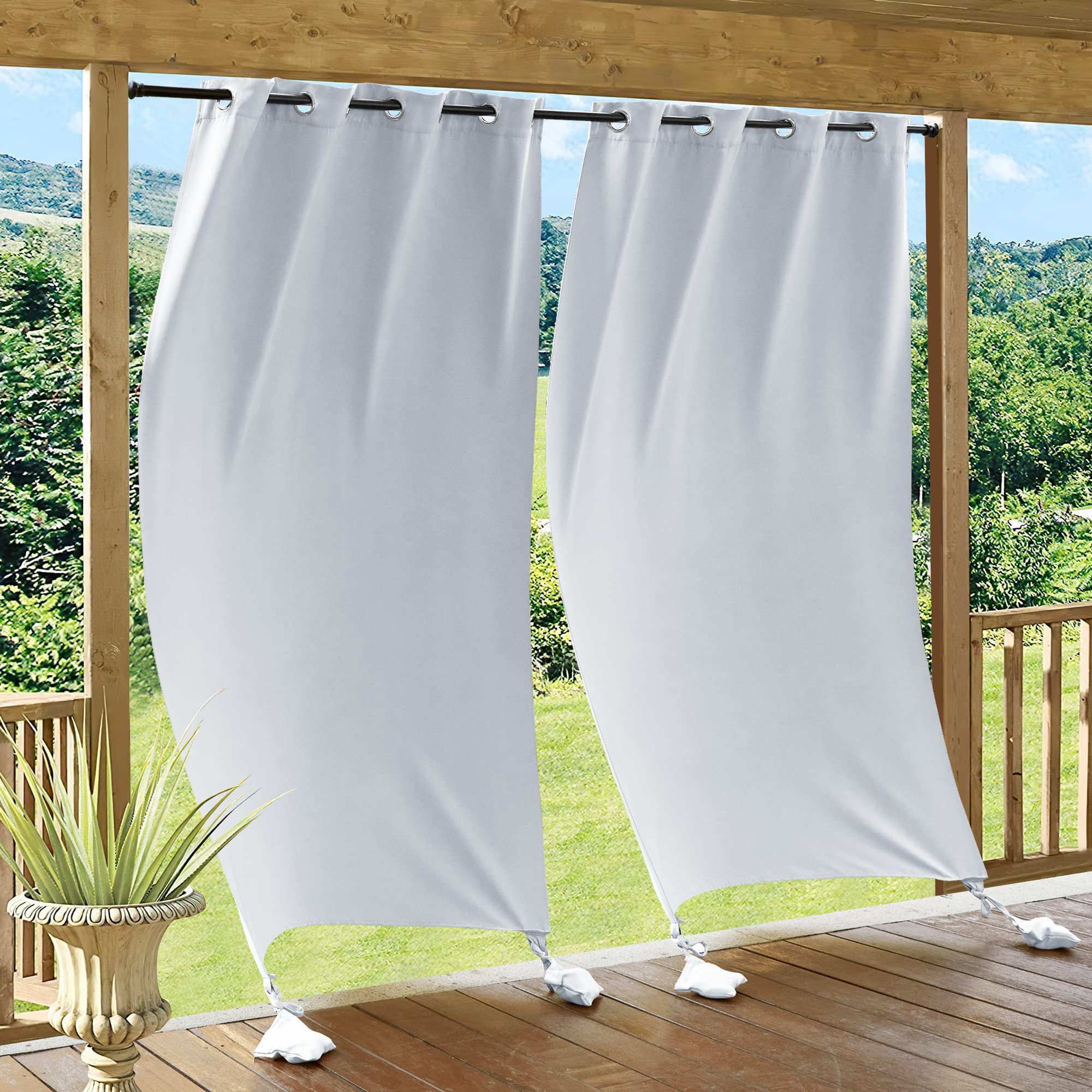 RYB HOME Outdoor Curtains for Patio Windproof with Weighted Bags, 2 Panels Waterproof Blackout Draperies Weather Resist Noise Reducing for Outside Living, W 52 x L 108 inch, Natural