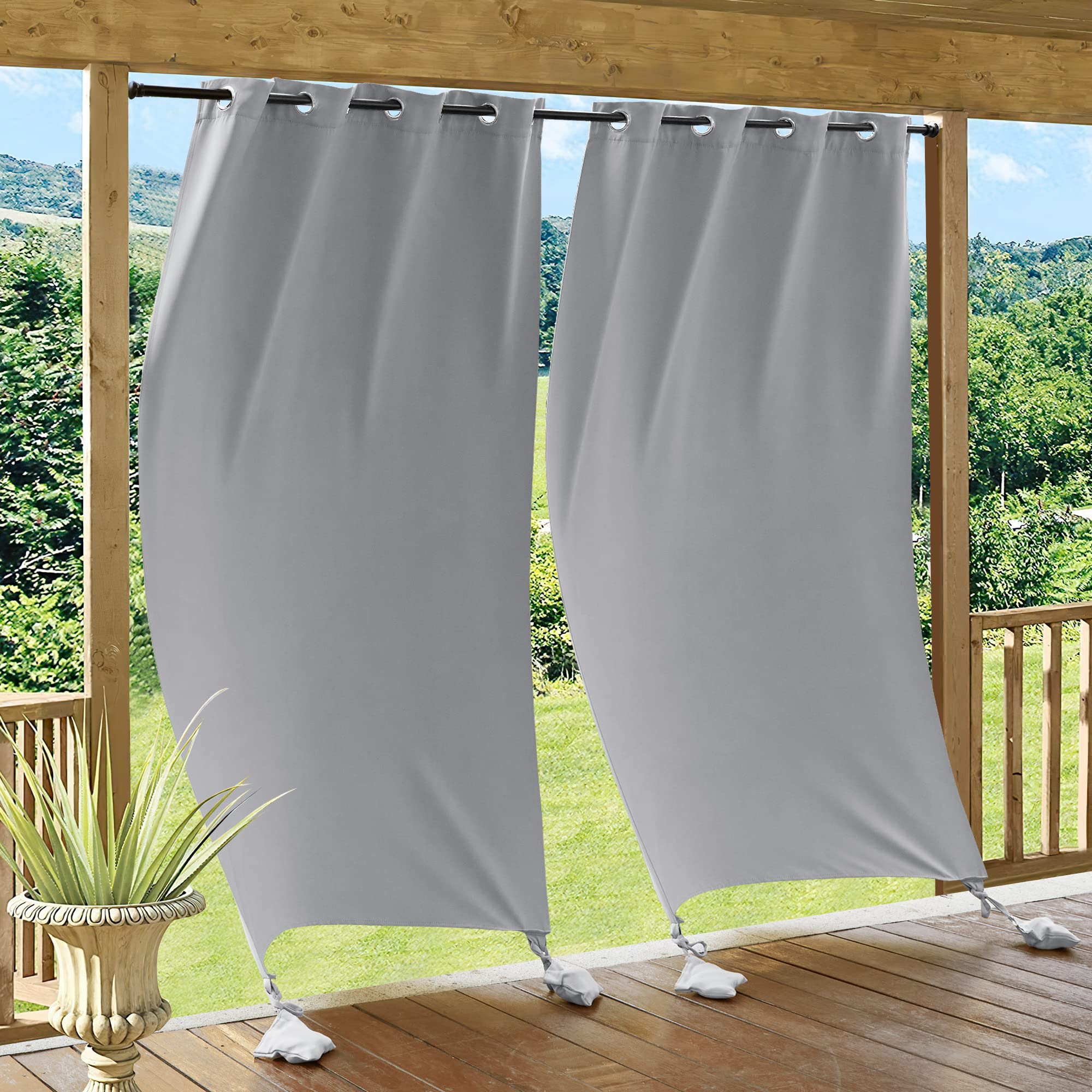 RYB HOME Outdoor Curtains for Patio Windproof with Weighted Bags, 2 Panels Waterproof Blackout Draperies Weather Resist Noise Reducing for Outside Living, W 52 x L 108 inch, Natural