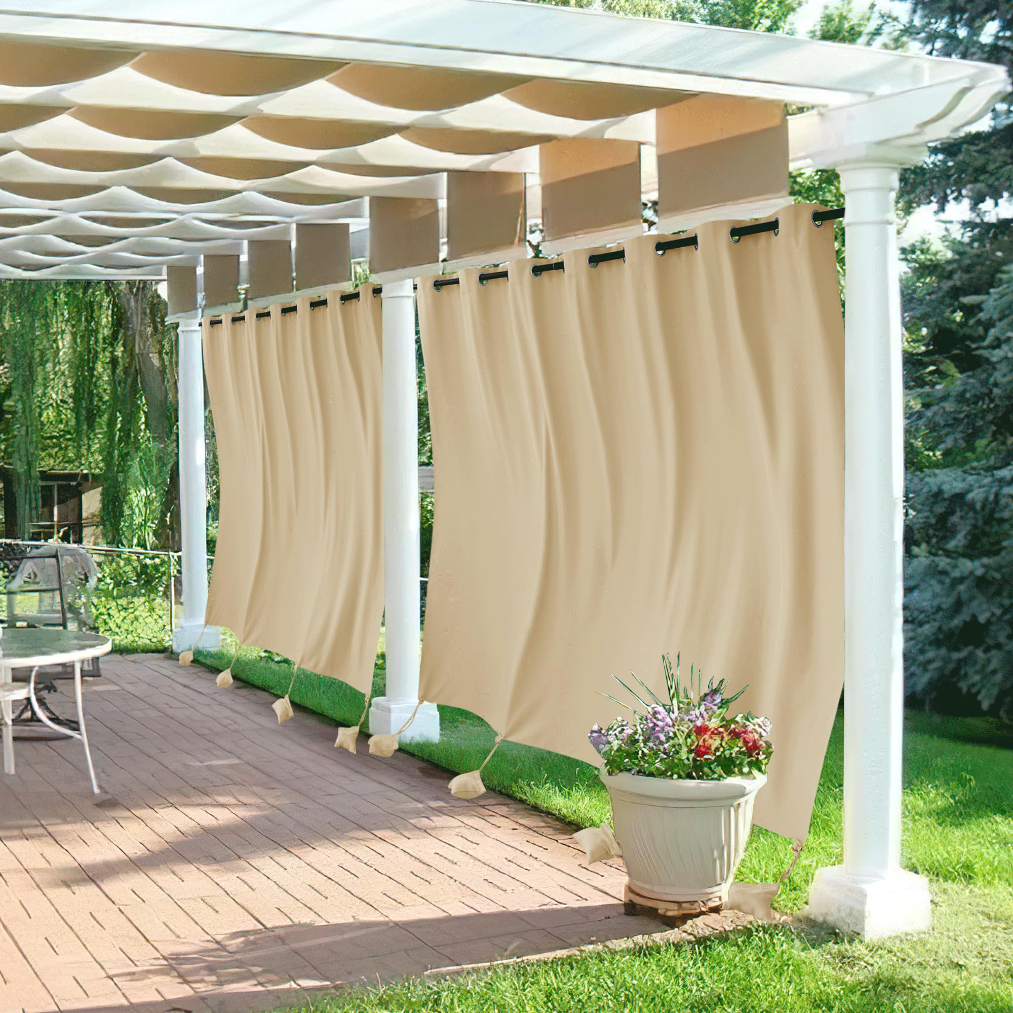 RYB HOME Outdoor Curtains for Patio Windproof with Weighted Bags, 2 Panels Waterproof Blackout Draperies Weather Resist Noise Reducing for Outside Living, W 52 x L 108 inch, Natural