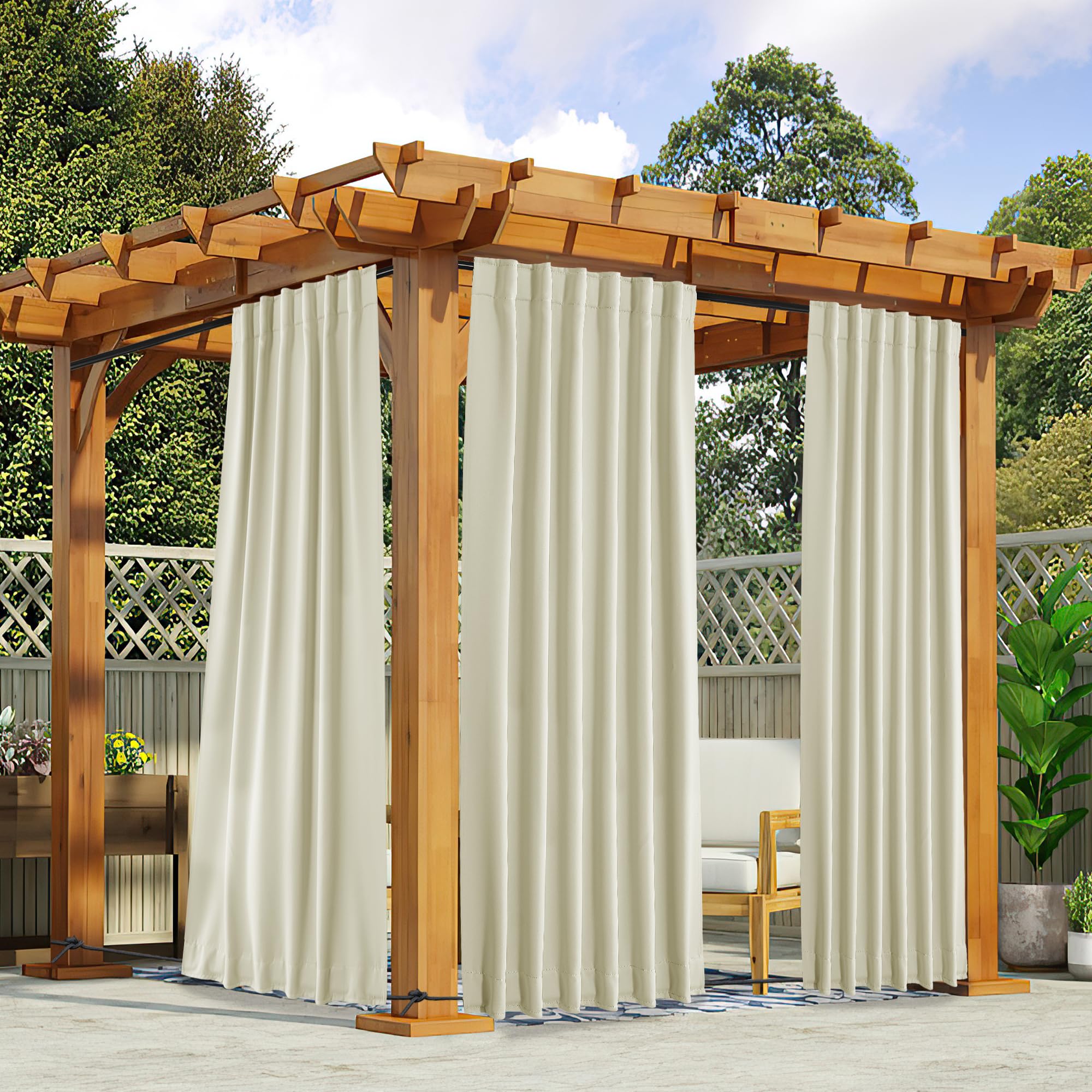 NICETOWN 2 Panels Outdoor Curtains Waterproof Pocket & Back Tab on Top & Bottom, Thermal Insulated Windproof Sun Blocking Outside Privacy Drapes for Patio with Fixed Rope, W84 x L84, Natural