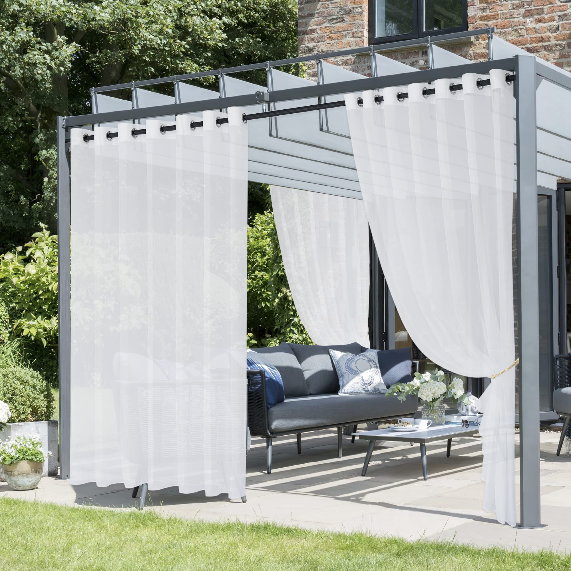 NICETOWN 2 Panels Voile Sheer Patio Outdoor Curtains 108" L Waterproof, Rustproof Grommet Light Filtering Indoor Outdoor Sheer Curtain Drapes for Cabana/Arbor, Ivory, W54 x L108