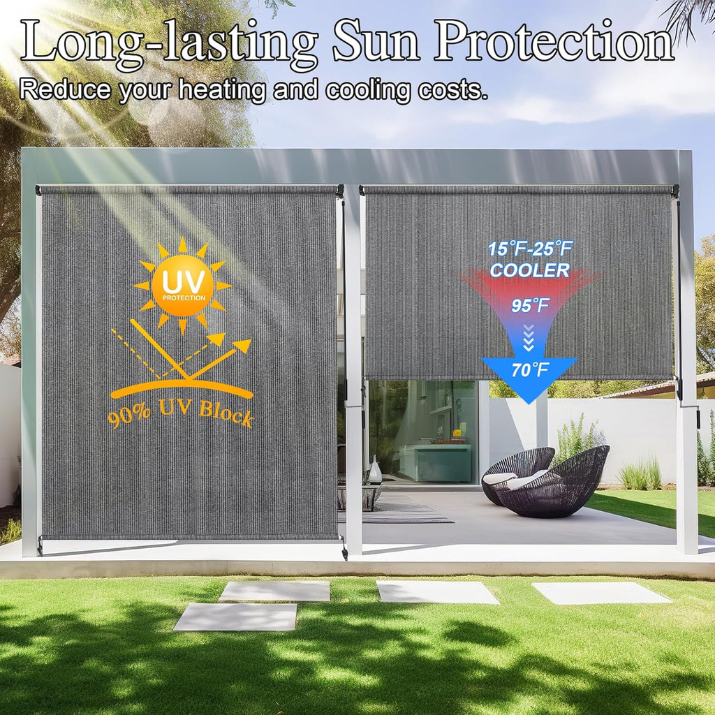 Amagenix Outdoor Roller Shades 10'(W) X 8'(H), Exterior Cordless Patio Shades Roll Up Outdoor Blinds with Spliced Poles Design, 90% UV Protection for Porch Gazebo Pergola, Grey