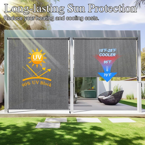 Amagenix Outdoor Roller Shades 10'(W) X 8'(H), Exterior Cordless Patio Shades Roll Up Outdoor Blinds with Spliced Poles Design, 90% UV Protection for Porch Gazebo Pergola, Grey