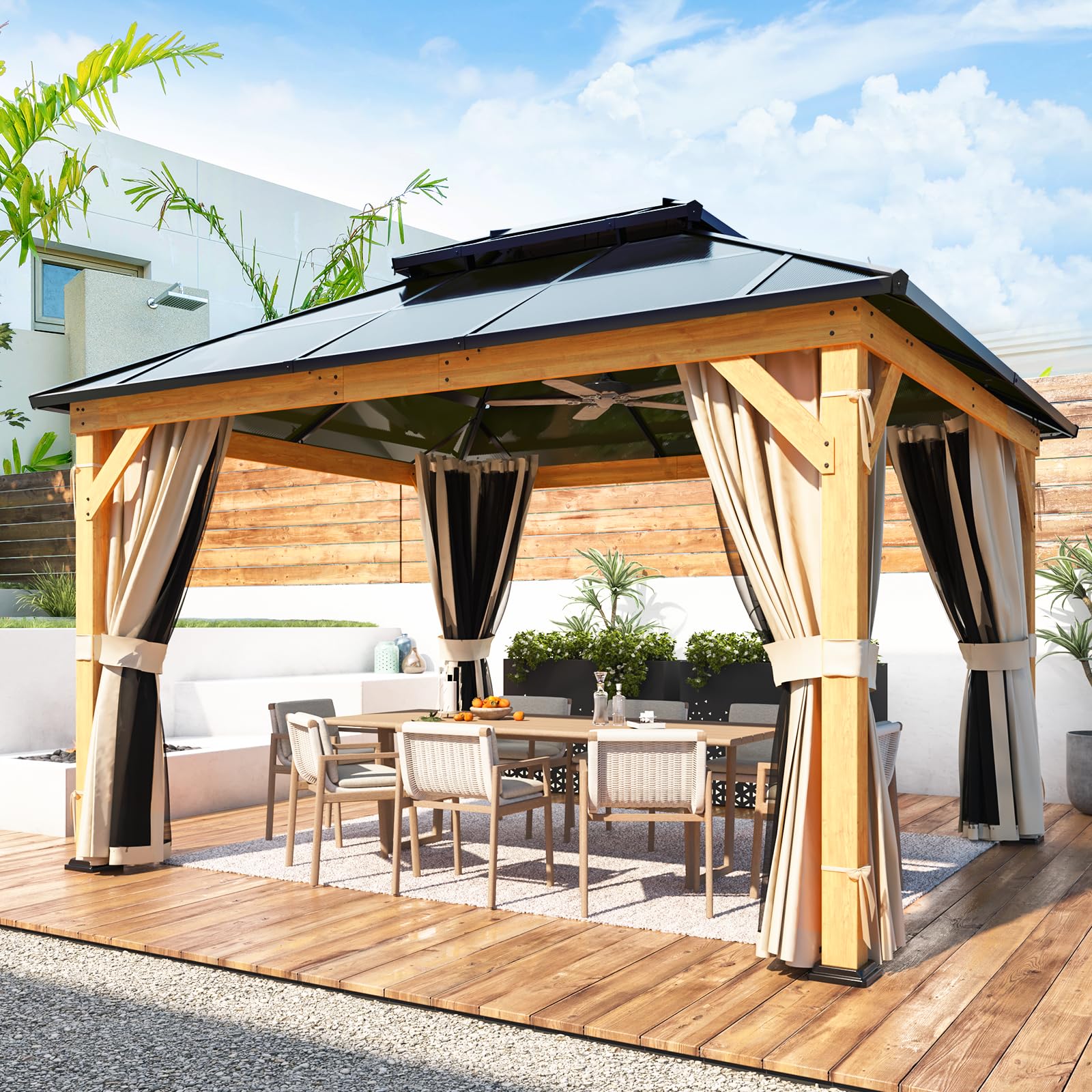 YOLENY 10'x13' Hardtop Gazebo, Outdoor Polycarbonate Double Roof Canopy, Aluminum Frame Permanent Pavilion with Curtains and Netting, Sunshade for Garden, Lawns, Patio