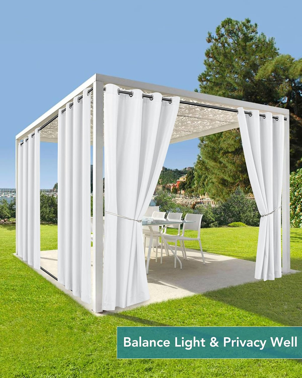 HolidayIdeas Outdoor Curtains for Patio Waterproof 4 Panels 54x95 Inch-Windproof Weatherproof Privacy White Curtains-Grommet Top and Tab Bottom Drape for Gazebo, Porch, Pergola, Cabana, Backyard
