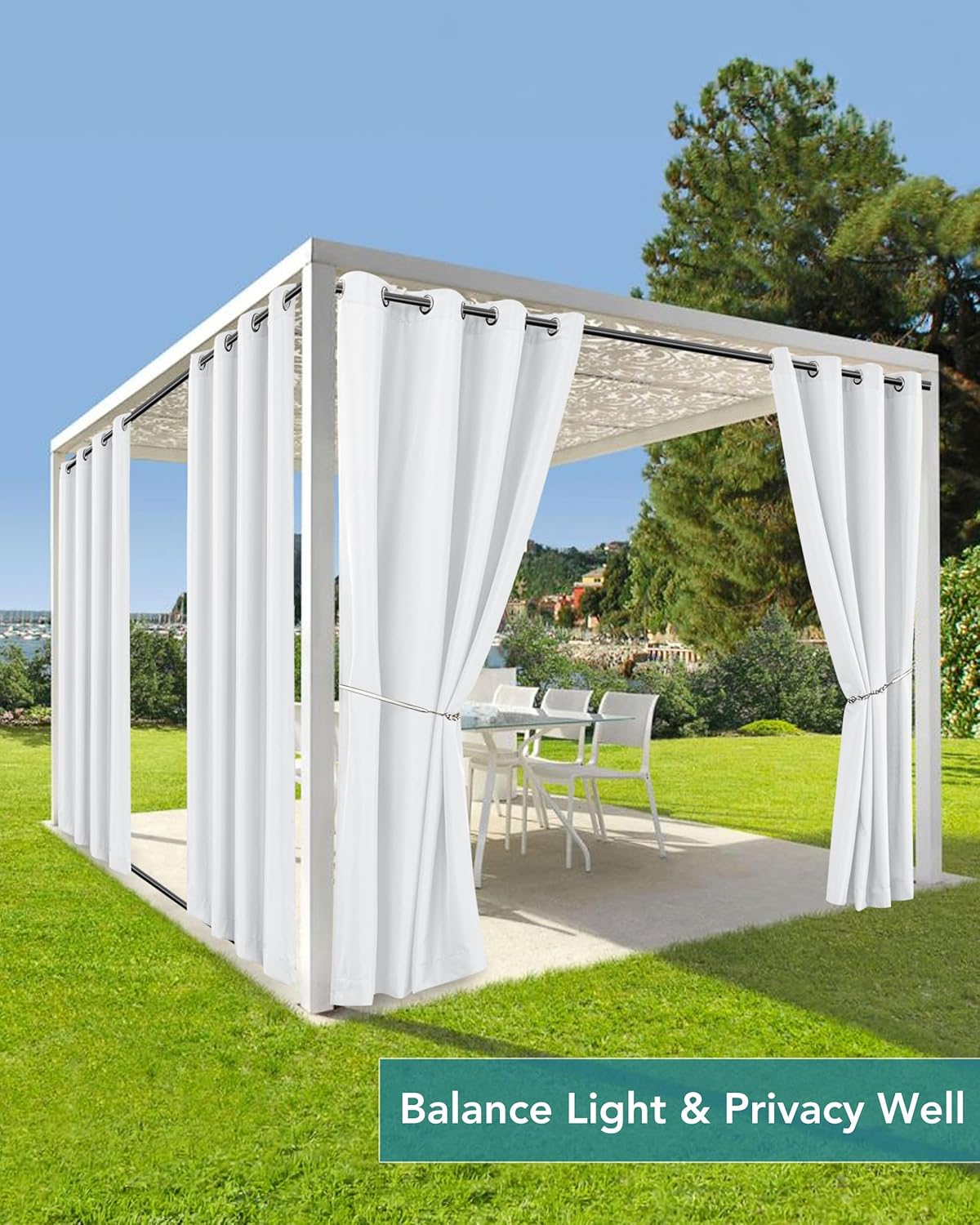 HolidayIdeas Outdoor Curtains for Patio Waterproof 4 Panels 54x95 Inch-Windproof Weatherproof Privacy White Curtains-Grommet Top and Tab Bottom Drape for Gazebo, Porch, Pergola, Cabana, Backyard