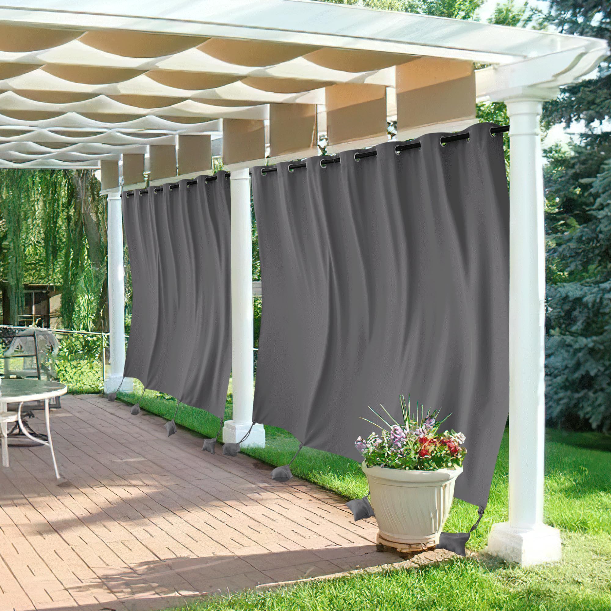 RYB HOME Outdoor Curtains for Patio Windproof with Weighted Bags, 2 Panels Waterproof Blackout Draperies Weather Resist Noise Reducing for Outside Living, W 52 x L 108 inch, Natural