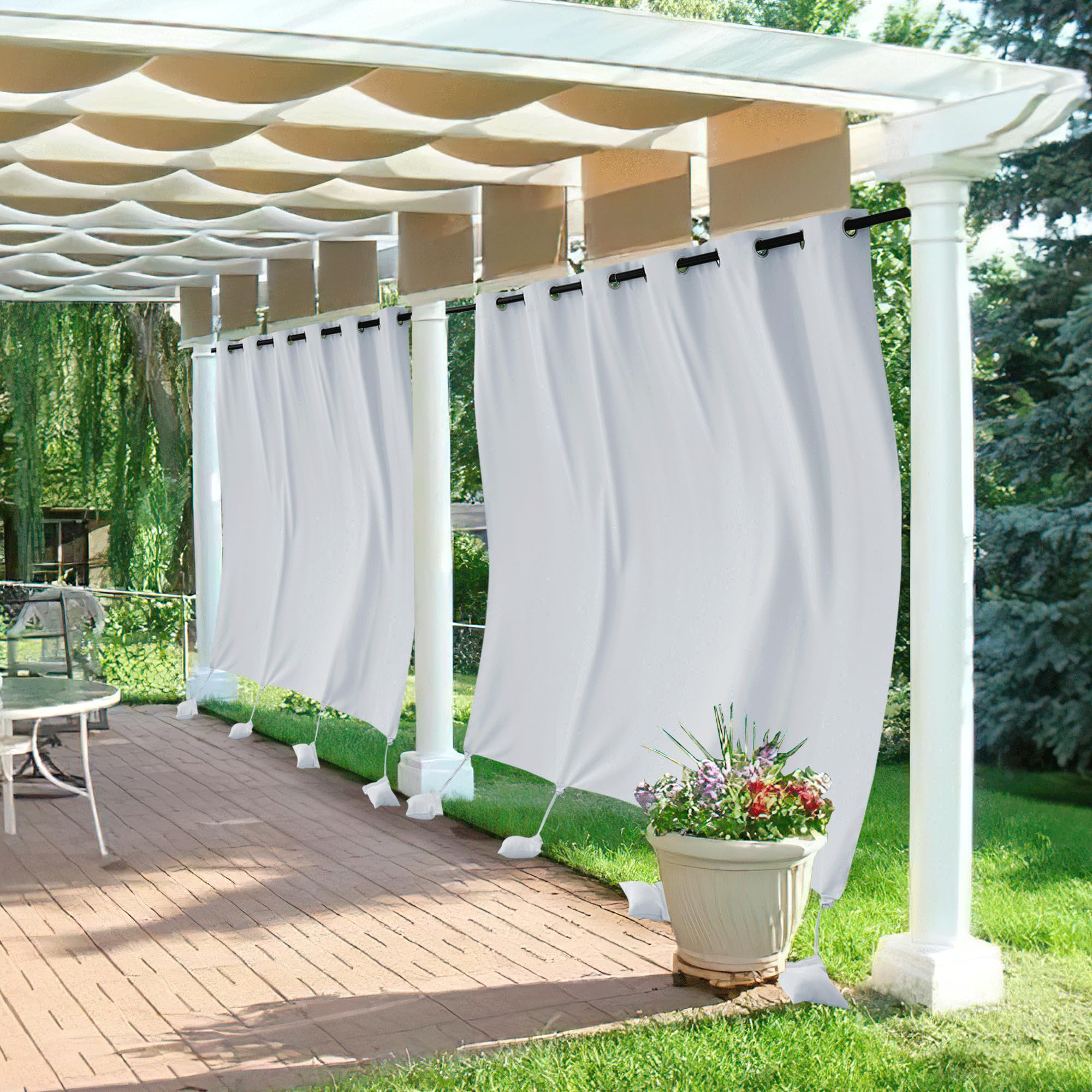 RYB HOME Outdoor Curtains for Patio Windproof with Weighted Bags, 2 Panels Waterproof Blackout Draperies Weather Resist Noise Reducing for Outside Living, W 52 x L 108 inch, Natural