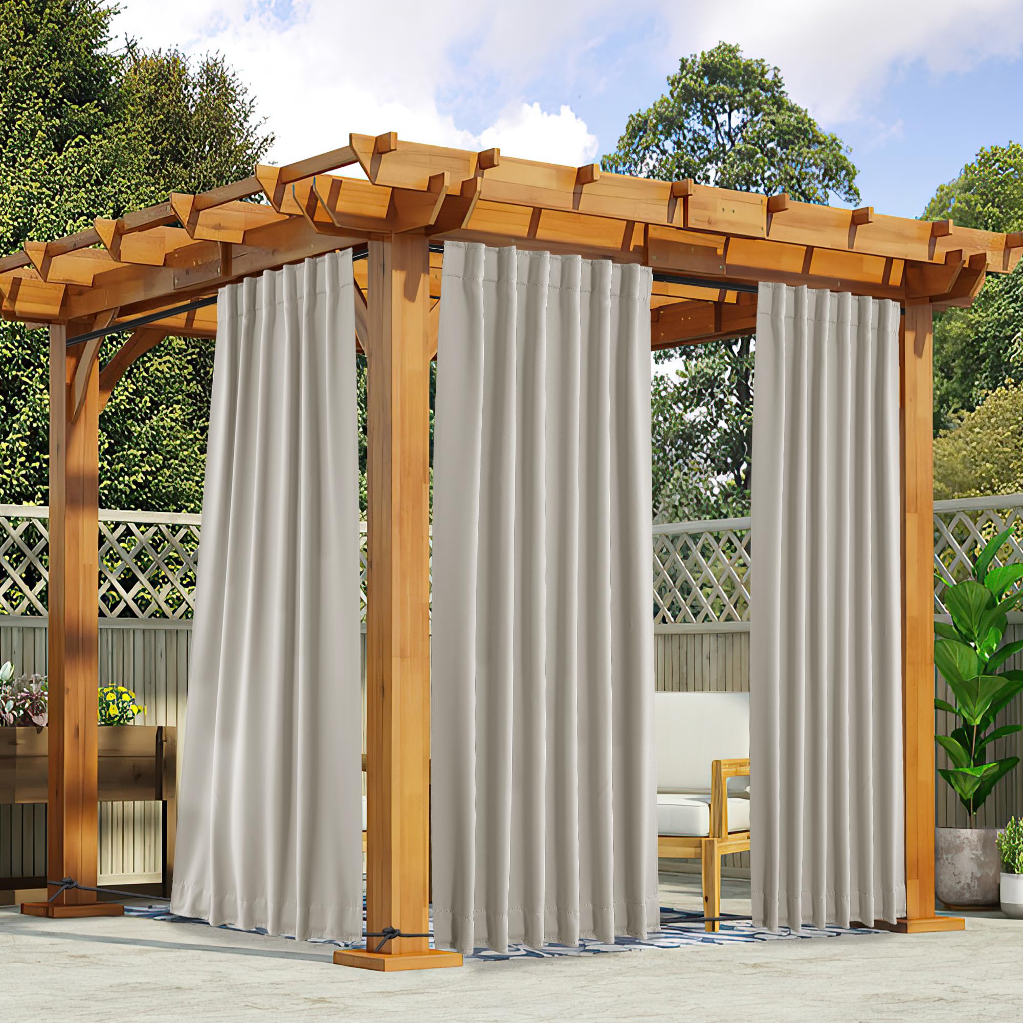 NICETOWN 2 Panels Outdoor Curtains Waterproof Pocket & Back Tab on Top & Bottom, Thermal Insulated Windproof Sun Blocking Outside Privacy Drapes for Patio with Fixed Rope, W84 x L84, Natural