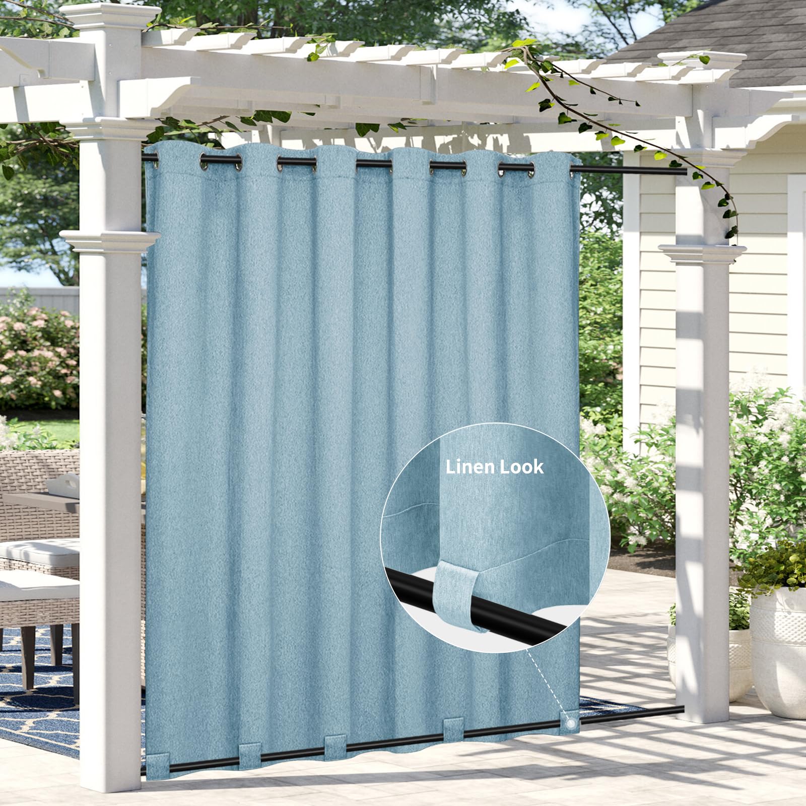 Easy-Going Linen Look Outdoor Curtains Waterproof Windproof Porch Curtains, Soft Thicken Outdoor Privacy Curtains for Patio, Gazebo, Grommet Top and Tab Bottom Drape, 1 Panel, 54x84 inch, White