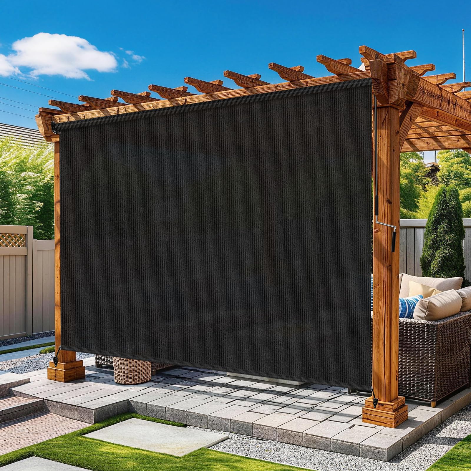 Grey Outdoor Roller Shades 8' W x 8' H, Exterior Cordless Patio Shade Roll up-Down Blinds Spliced Design (Fixed 2 Poles, One-Full Piece Fabric Sunshade)