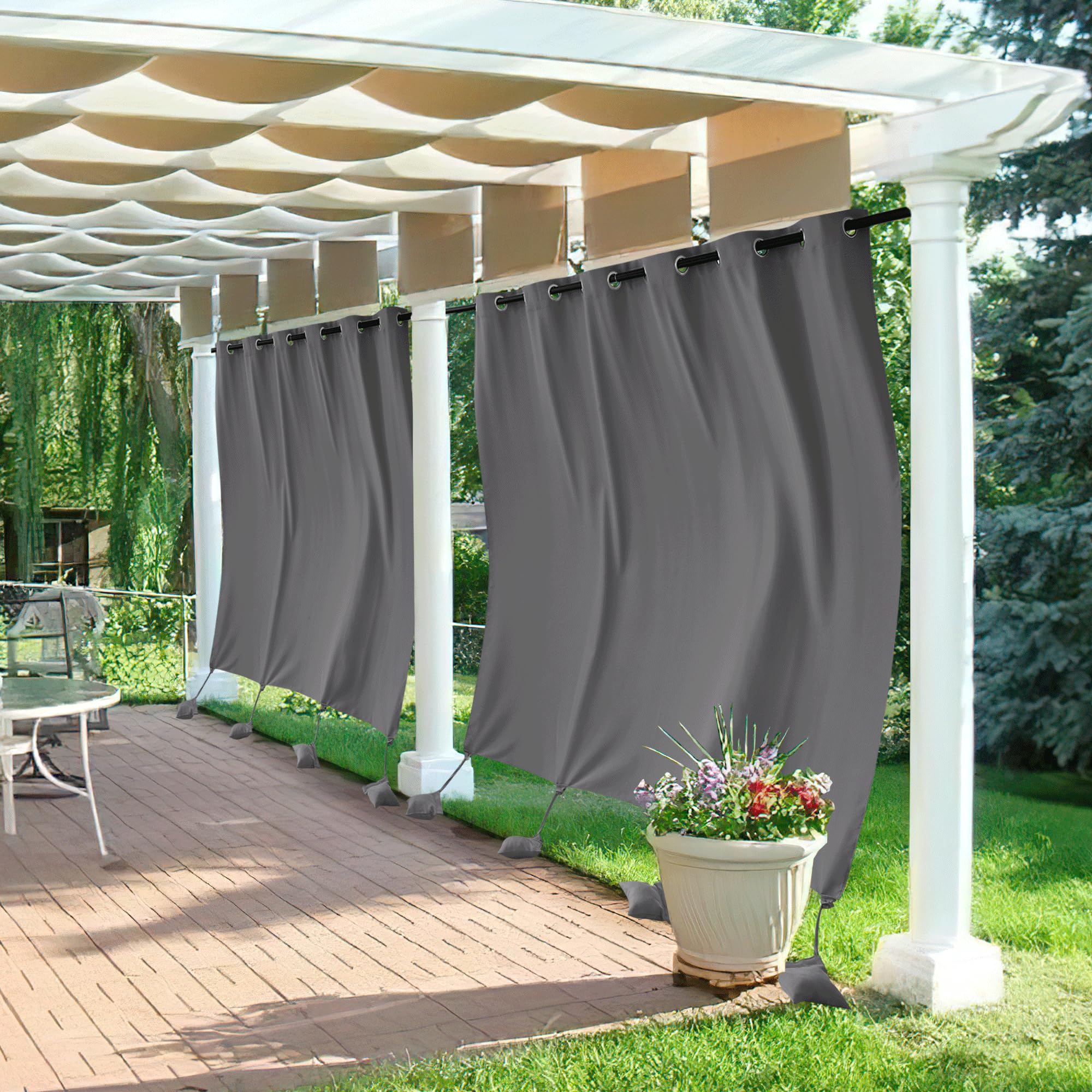 RYB HOME Outdoor Curtains for Patio Windproof with Weighted Bags, 2 Panels Waterproof Blackout Draperies Weather Resist Noise Reducing for Outside Living, W 52 x L 108 inch, Natural