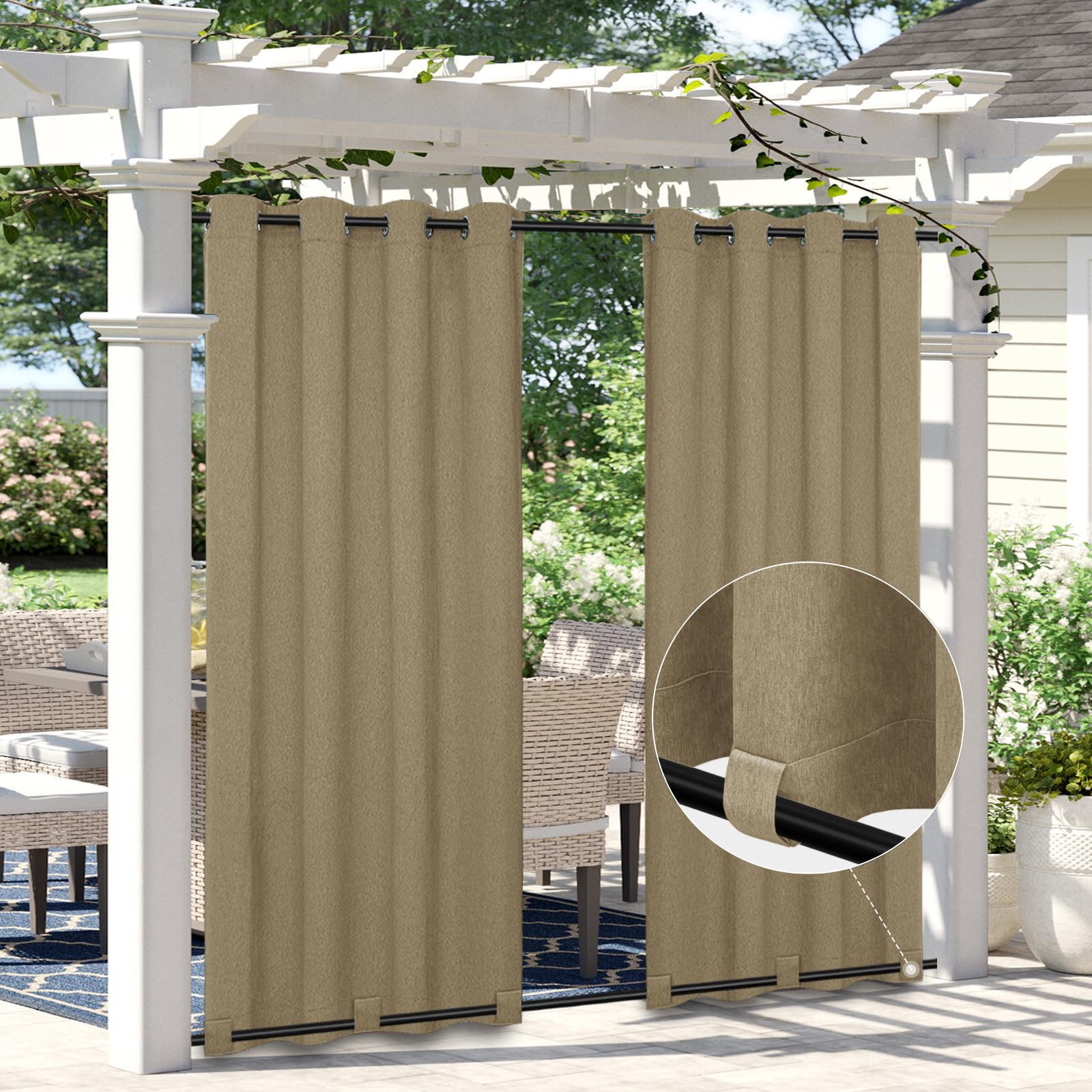 Easy-Going Linen Look Outdoor Curtains Waterproof Windproof Porch Curtains, Soft Thicken Outdoor Privacy Curtains for Patio, Gazebo, Grommet Top and Tab Bottom Drape, 1 Panel, 54x84 inch, White