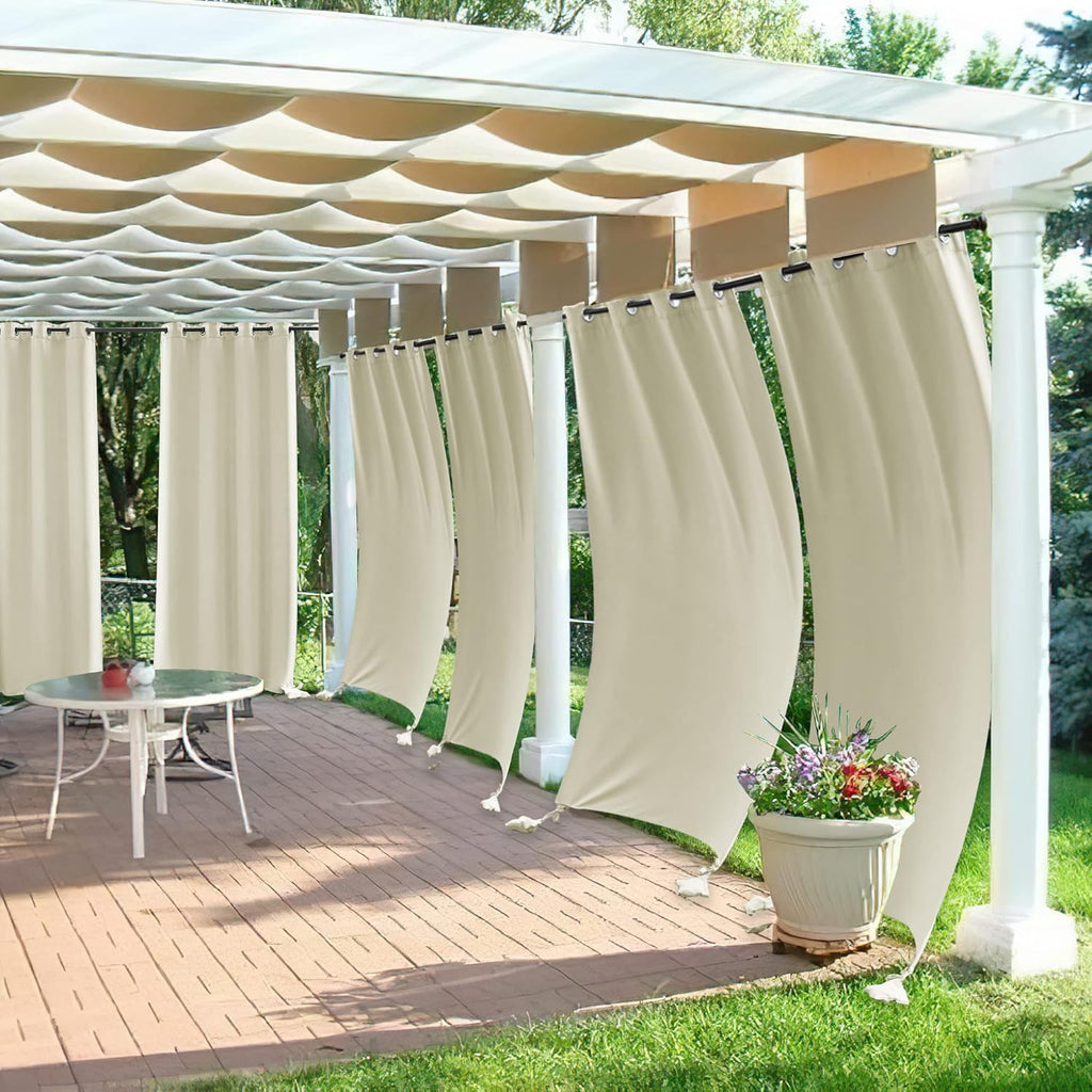 RYB HOME Outdoor Curtains for Patio Windproof with Weighted Bags, 2 Panels Waterproof Blackout Draperies Weather Resist Noise Reducing for Outside Living, W 52 x L 108 inch, Natural