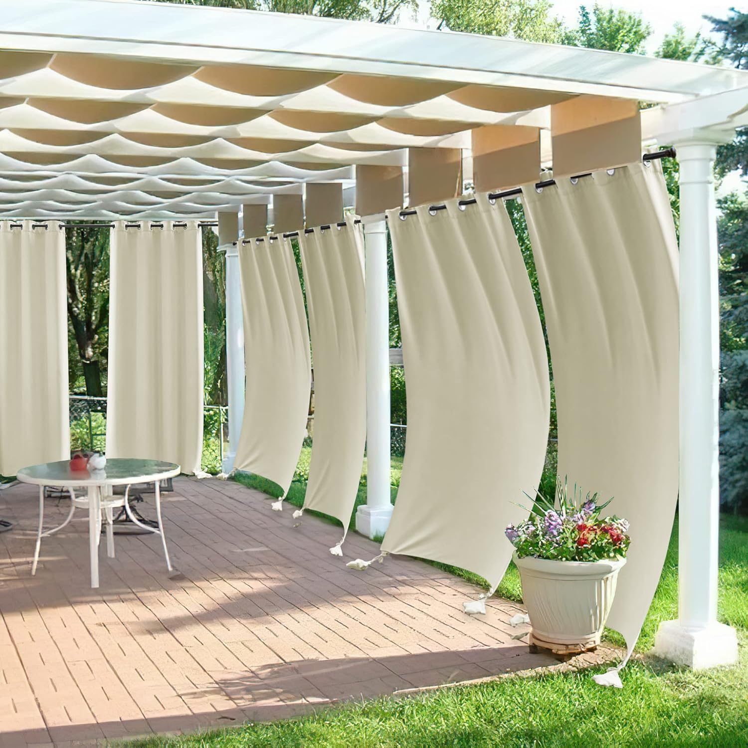RYB HOME Outdoor Curtains for Patio Windproof with Weighted Bags, 2 Panels Waterproof Blackout Draperies Weather Resist Noise Reducing for Outside Living, W 52 x L 108 inch, Natural