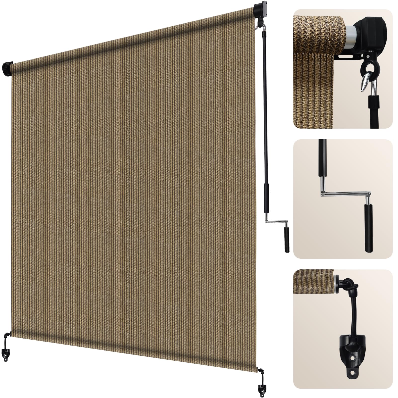 Artpuch Outdoor Roller Shade 8' W x 6' H, Mocha Exterior Cordless Patio Shades Roll Up Blinds with Spliced Pole Design, (2 Poles, One-Piece Fabric)