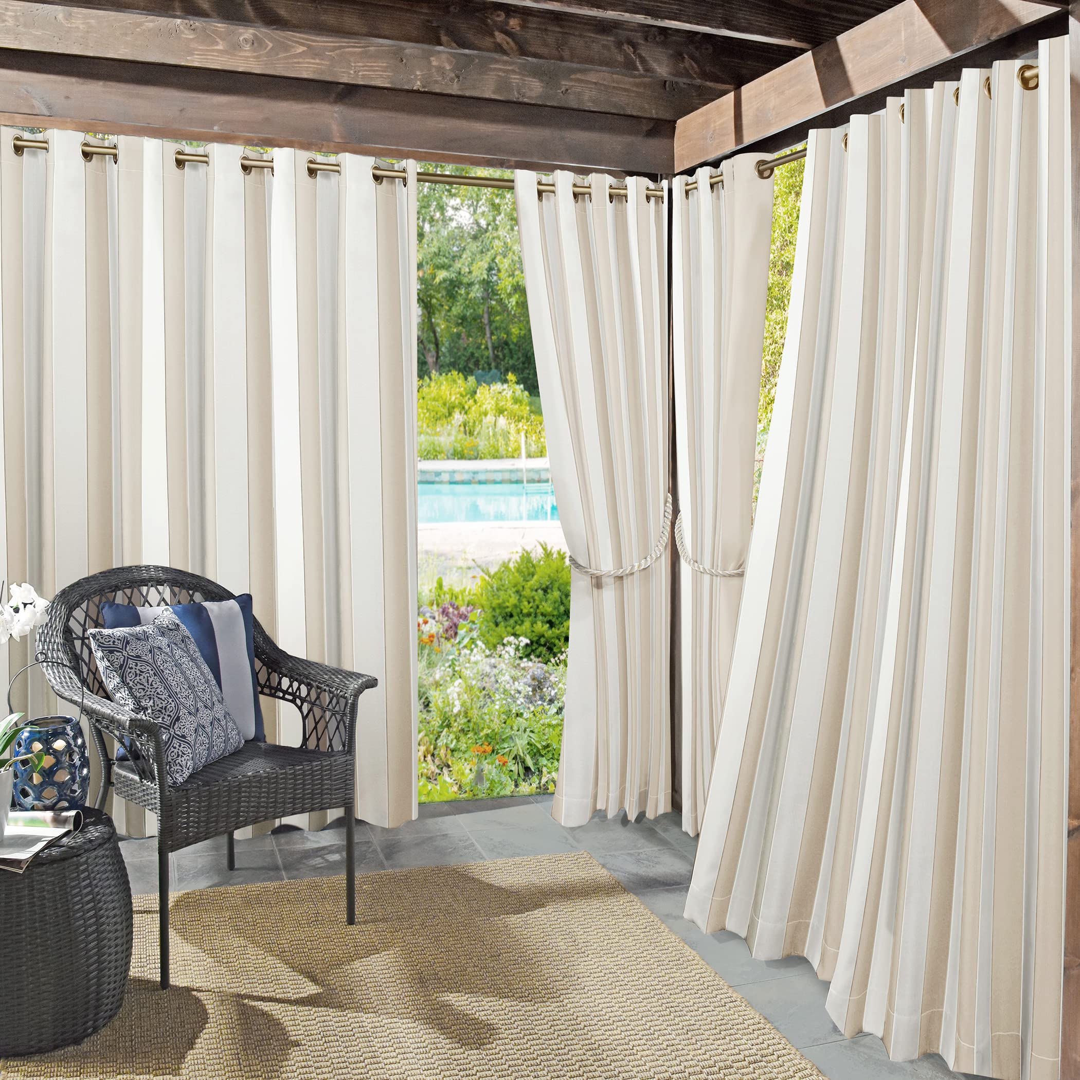 Sun Zero Valencia 2-Pack Cabana Stripe Indoor/Outdoor UV Protectant Energy Efficient Grommet Curtain Panel Pair
