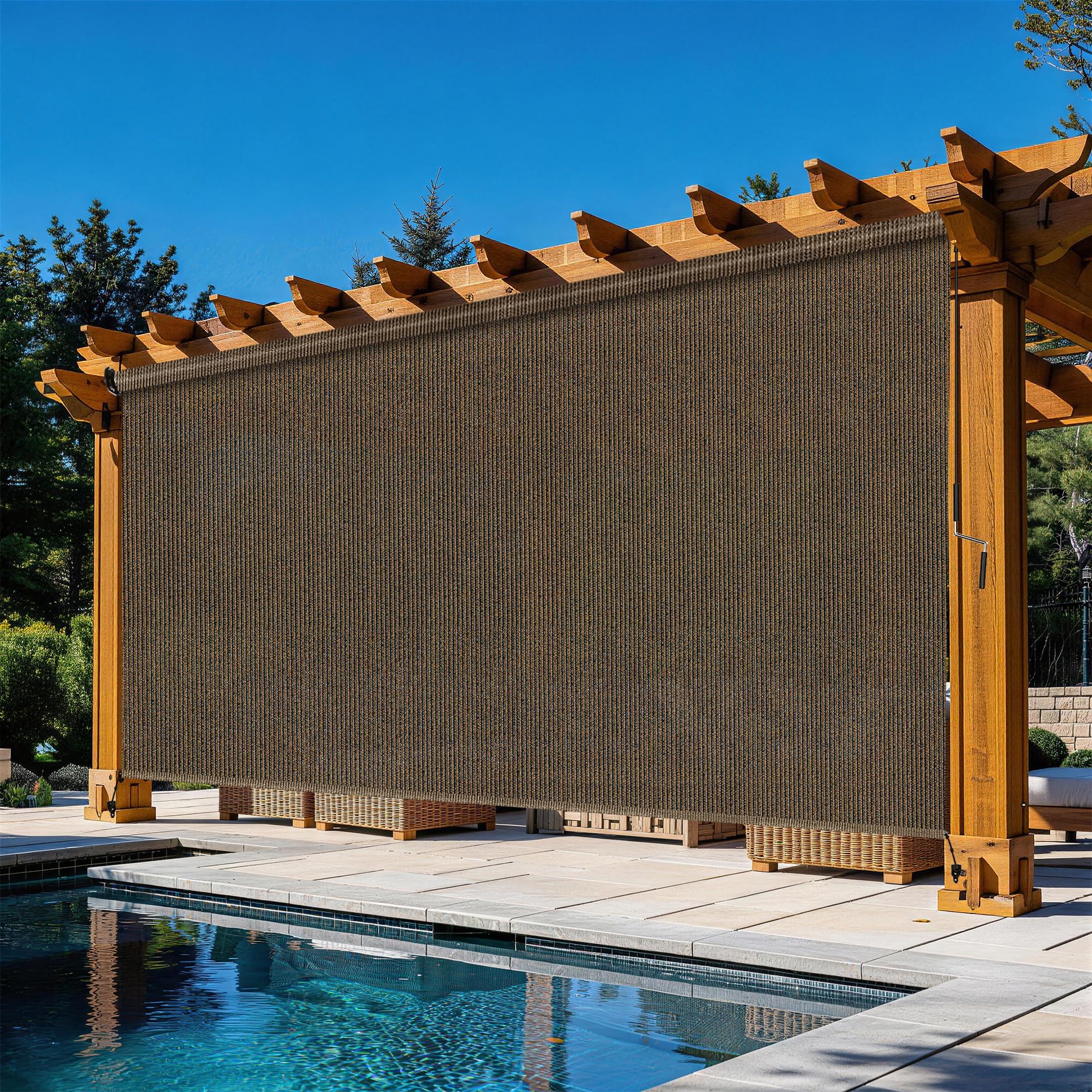 Grey Outdoor Roller Shades 8' W x 8' H, Exterior Cordless Patio Shade Roll up-Down Blinds Spliced Design (Fixed 2 Poles, One-Full Piece Fabric Sunshade)