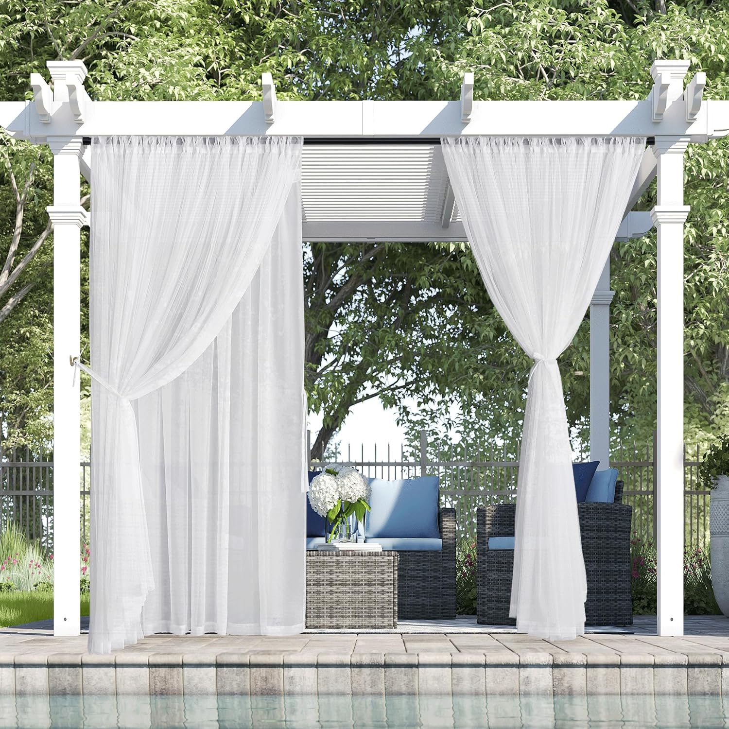 RYB HOME 2 Layers White Outdoor Sheer Curtains for Patio Waterproof, Privacy Added Voile Sheer Light Filtering Outdoor Decor Indoor Curtains for Porch Pergola Living Room, W54 x L84, White, 2 Panels
