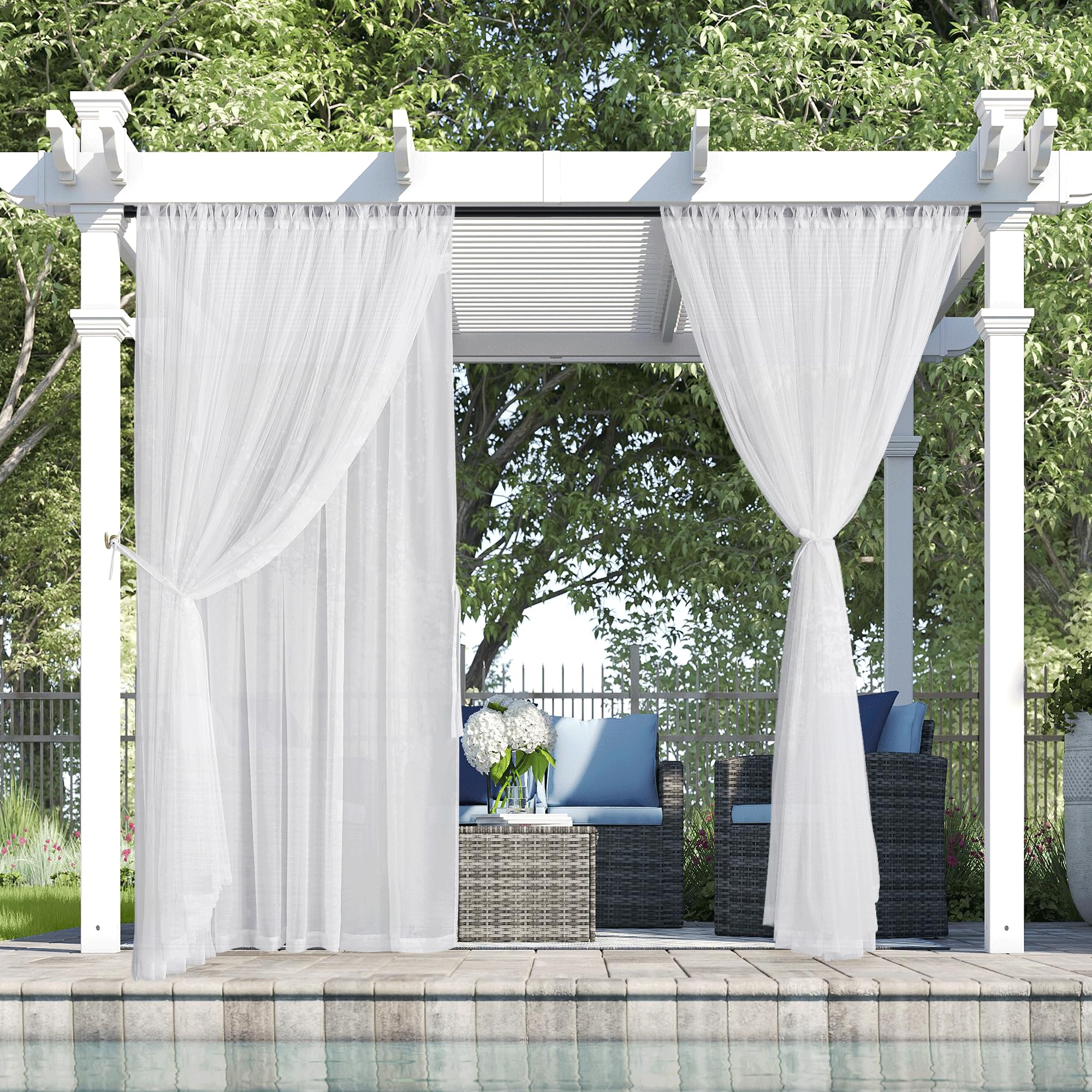 RYB HOME 2 Layers White Outdoor Sheer Curtains for Patio Waterproof, Privacy Added Voile Sheer Light Filtering Outdoor Decor Indoor Curtains for Porch Pergola Living Room, W54 x L84, White, 2 Panels