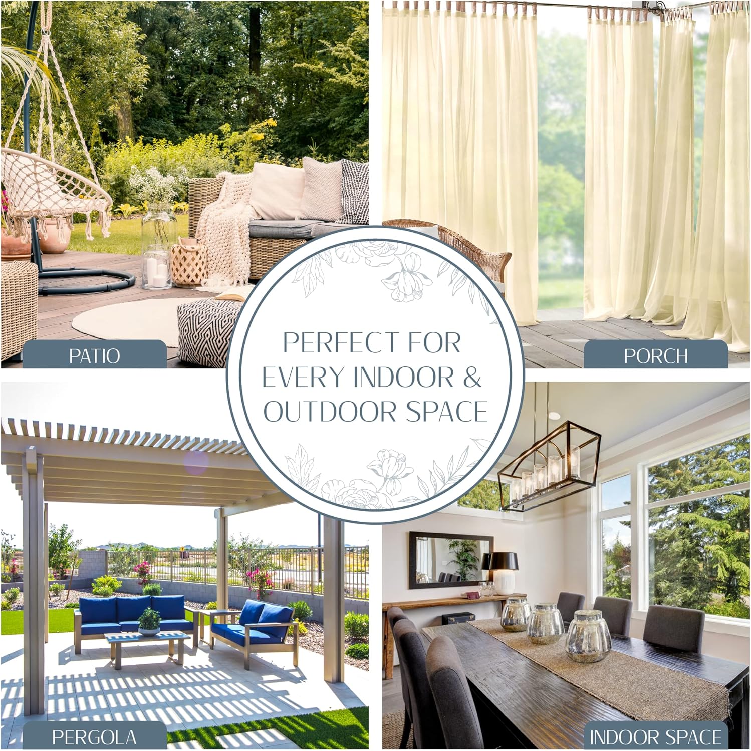 Elrene Home Fashions Darien Weatherproof Tab-Top Sheer Solid Color Indoor/Outdoor Curtain Panel for Porch, Pergola, Patio, Deck, 52”W x 108”L, Natural