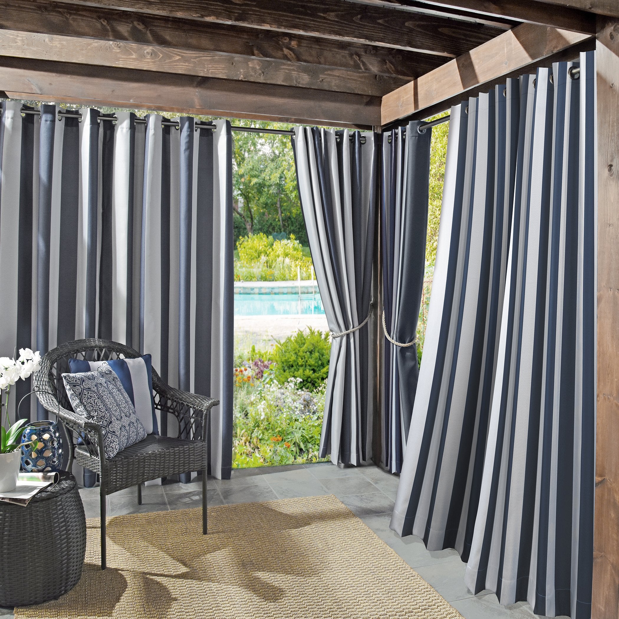 Sun Zero Valencia 2-Pack Cabana Stripe Indoor/Outdoor UV Protectant Energy Efficient Grommet Curtain Panel Pair