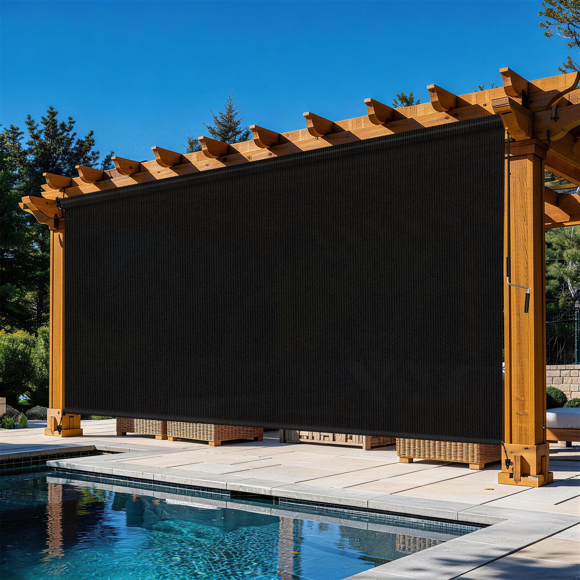Grey Outdoor Roller Shades 8' W x 8' H, Exterior Cordless Patio Shade Roll up-Down Blinds Spliced Design (Fixed 2 Poles, One-Full Piece Fabric Sunshade)