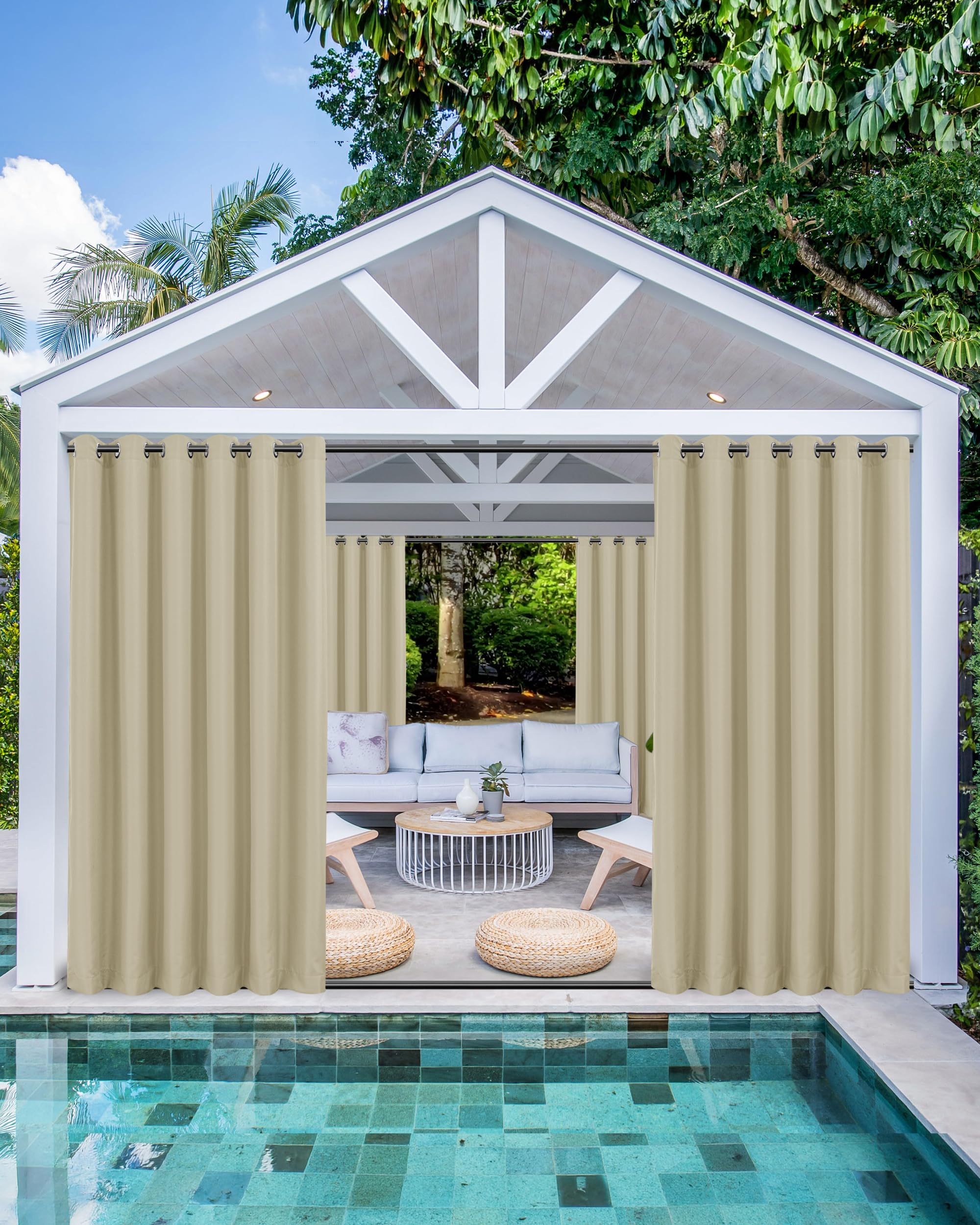 HolidayIdeas Outdoor Curtains for Patio Waterproof 4 Panels 54x95 Inch-Windproof Weatherproof Privacy White Curtains-Grommet Top and Tab Bottom Drape for Gazebo, Porch, Pergola, Cabana, Backyard