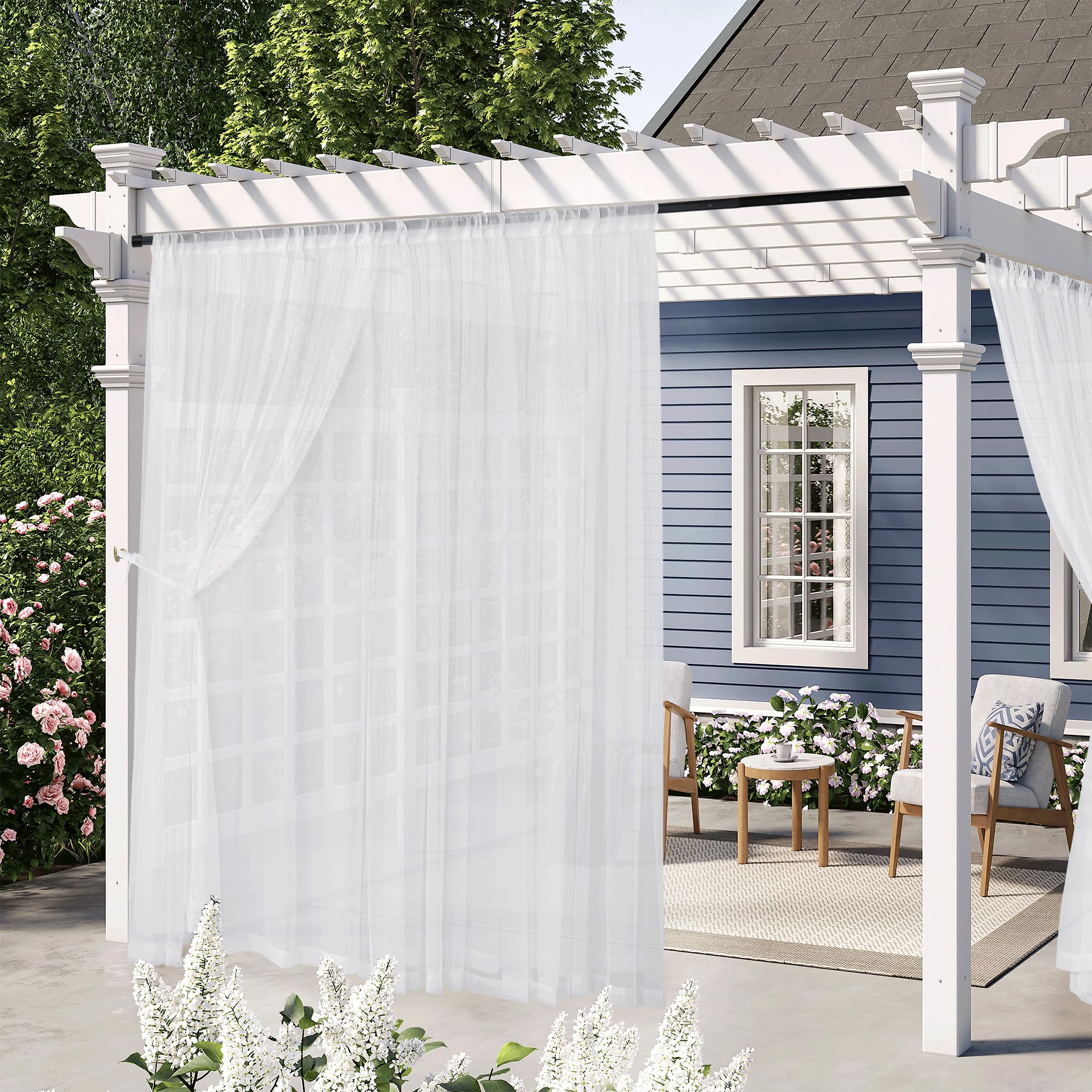 RYB HOME 2 Layers White Outdoor Sheer Curtains for Patio Waterproof, Privacy Added Voile Sheer Light Filtering Outdoor Decor Indoor Curtains for Porch Pergola Living Room, W54 x L84, White, 2 Panels