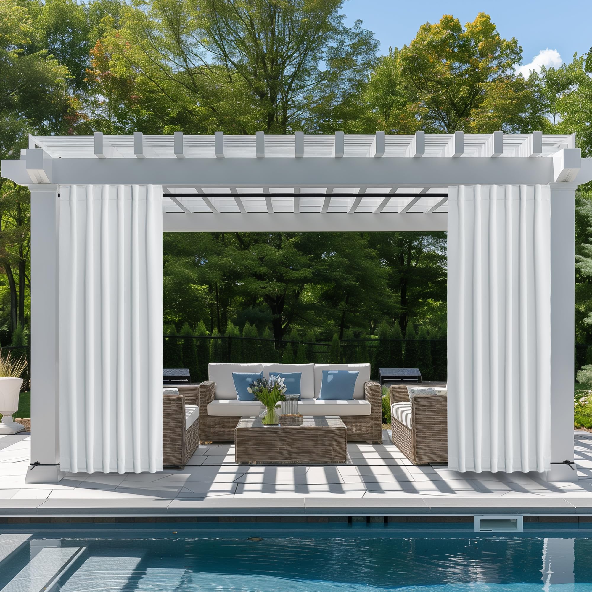 NICETOWN 2 Panels Outdoor Curtains Waterproof Pocket & Back Tab on Top & Bottom, Thermal Insulated Windproof Sun Blocking Outside Privacy Drapes for Patio with Fixed Rope, W84 x L84, Natural