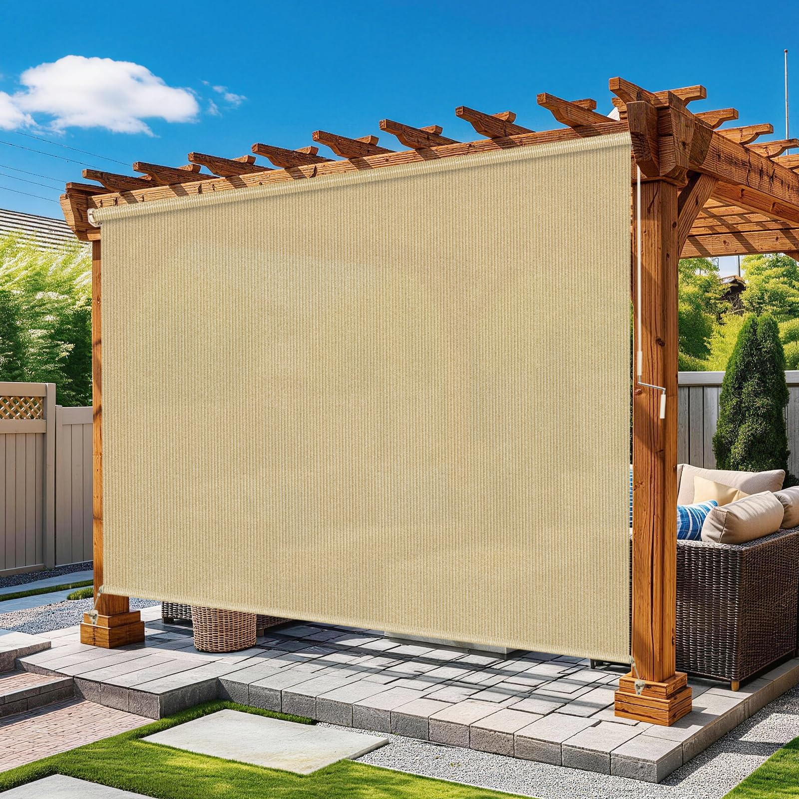 Grey Outdoor Roller Shades 8' W x 8' H, Exterior Cordless Patio Shade Roll up-Down Blinds Spliced Design (Fixed 2 Poles, One-Full Piece Fabric Sunshade)
