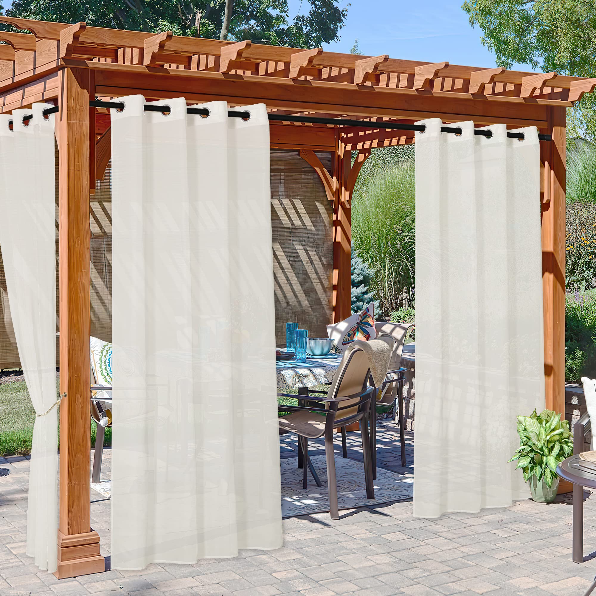 NICETOWN 2 Panels Voile Sheer Patio Outdoor Curtains 108" L Waterproof, Rustproof Grommet Light Filtering Indoor Outdoor Sheer Curtain Drapes for Cabana/Arbor, Ivory, W54 x L108