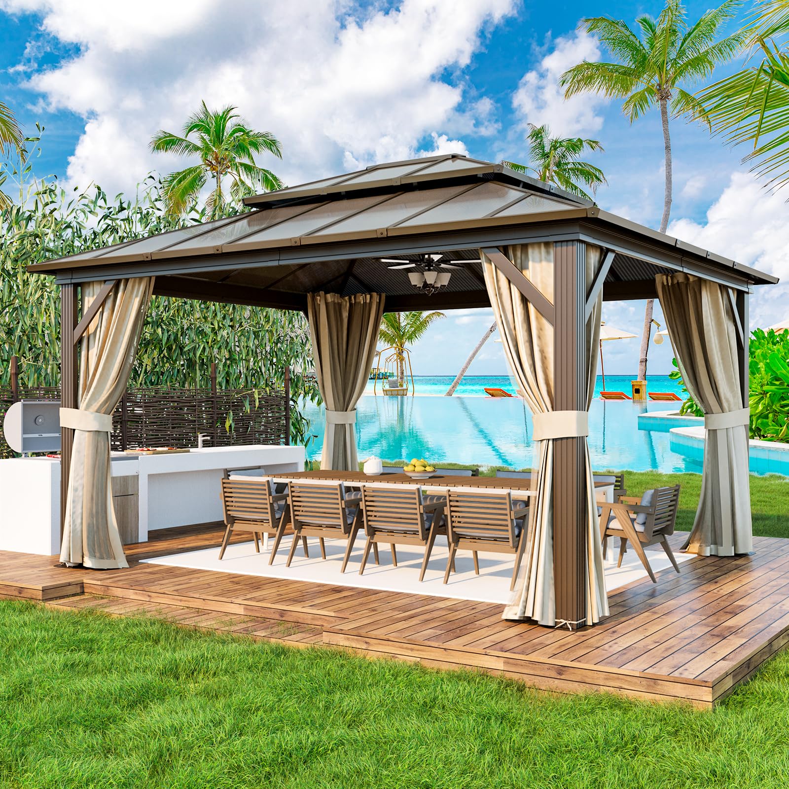 YOLENY 10'x13' Hardtop Gazebo, Outdoor Polycarbonate Double Roof Canopy, Aluminum Frame Permanent Pavilion with Curtains and Netting, Sunshade for Garden, Lawns, Patio