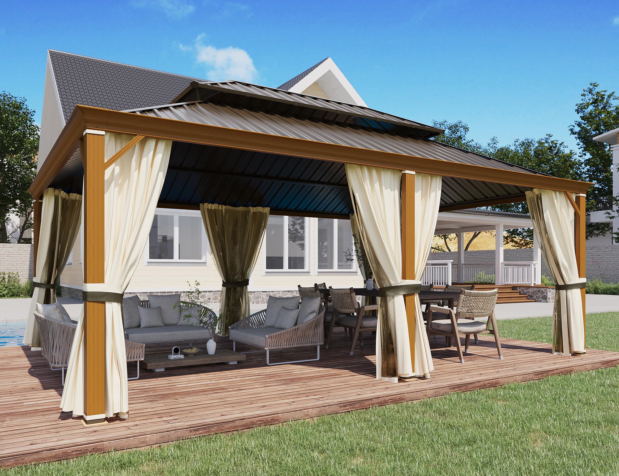 YOLENY 10'x13' Hardtop Gazebo, Outdoor Polycarbonate Double Roof Canopy, Aluminum Frame Permanent Pavilion with Curtains and Netting, Sunshade for Garden, Lawns, Patio