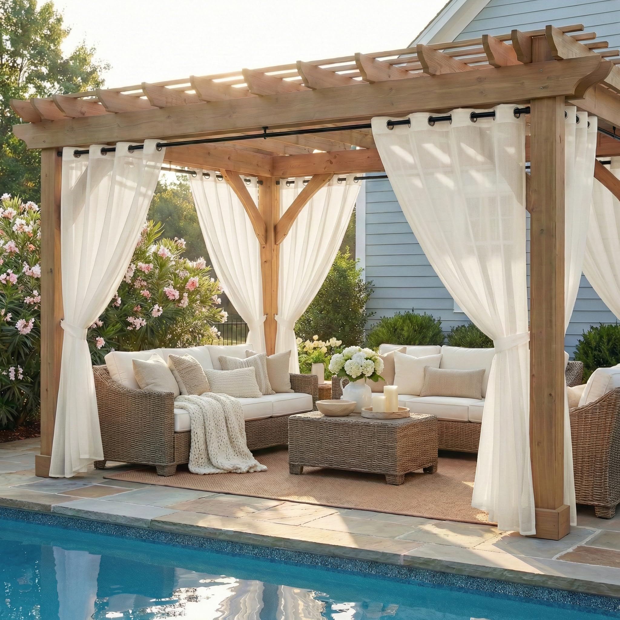 NICETOWN 2 Panels Voile Sheer Patio Outdoor Curtains 108" L Waterproof, Rustproof Grommet Light Filtering Indoor Outdoor Sheer Curtain Drapes for Cabana/Arbor, Ivory, W54 x L108