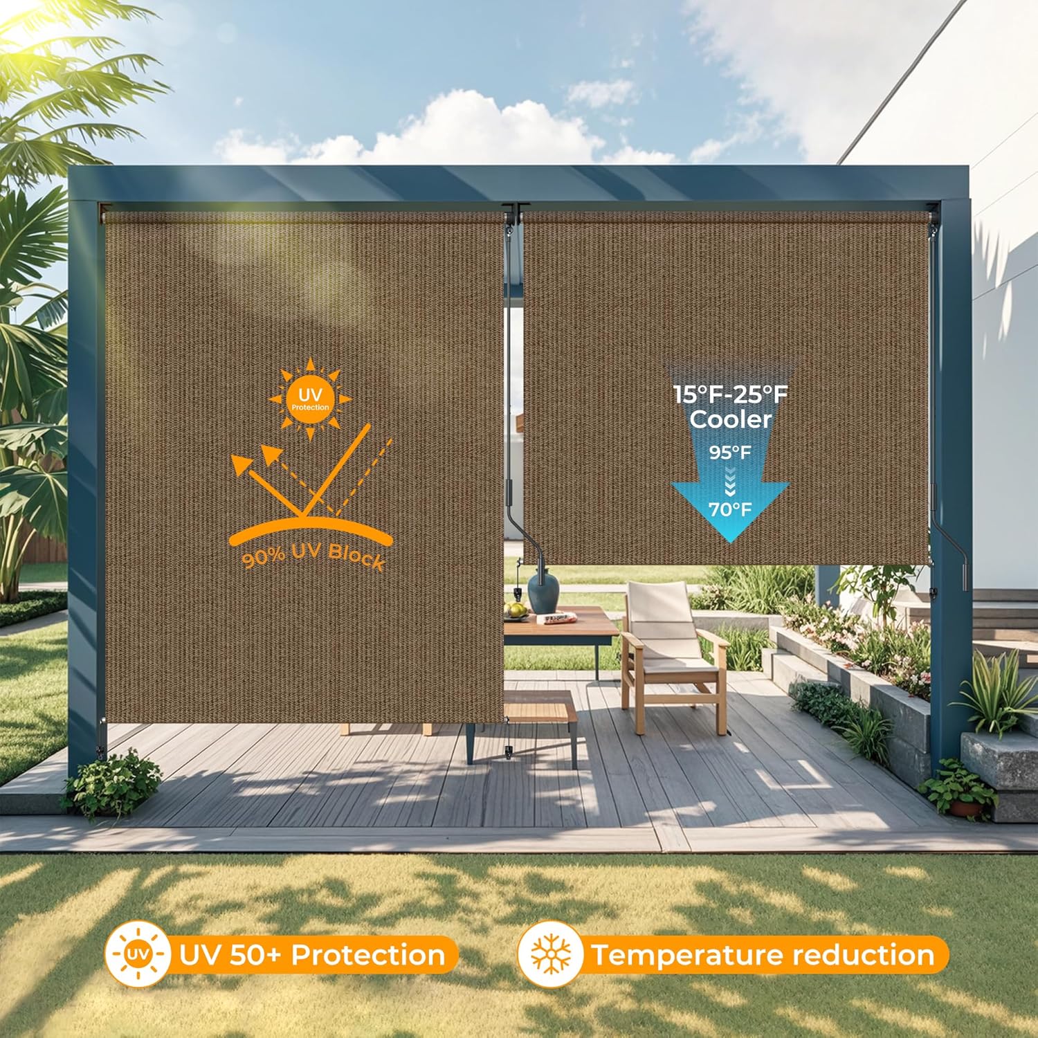 HOMEDEMO Outdoor Roller Shades for Patio, 6'W x 6' H Roll up Shade for Outside, Sun Roller Shade Cloth Roll Blinds Cordless Waterproof for Porch Gazebo Pergola Balcony Backyard Mocha