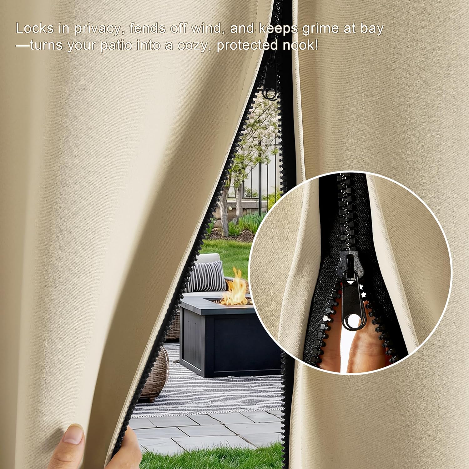 RYB HOME Fade-Resistant Outdoor Curtains for Patio Waterproof with Zipper Back Tab Bottom, Windproof Sun Blocking Privacy for Gazebo Porch Pergola, Biscotti Beige, W 52 x L 84, 2 Panels