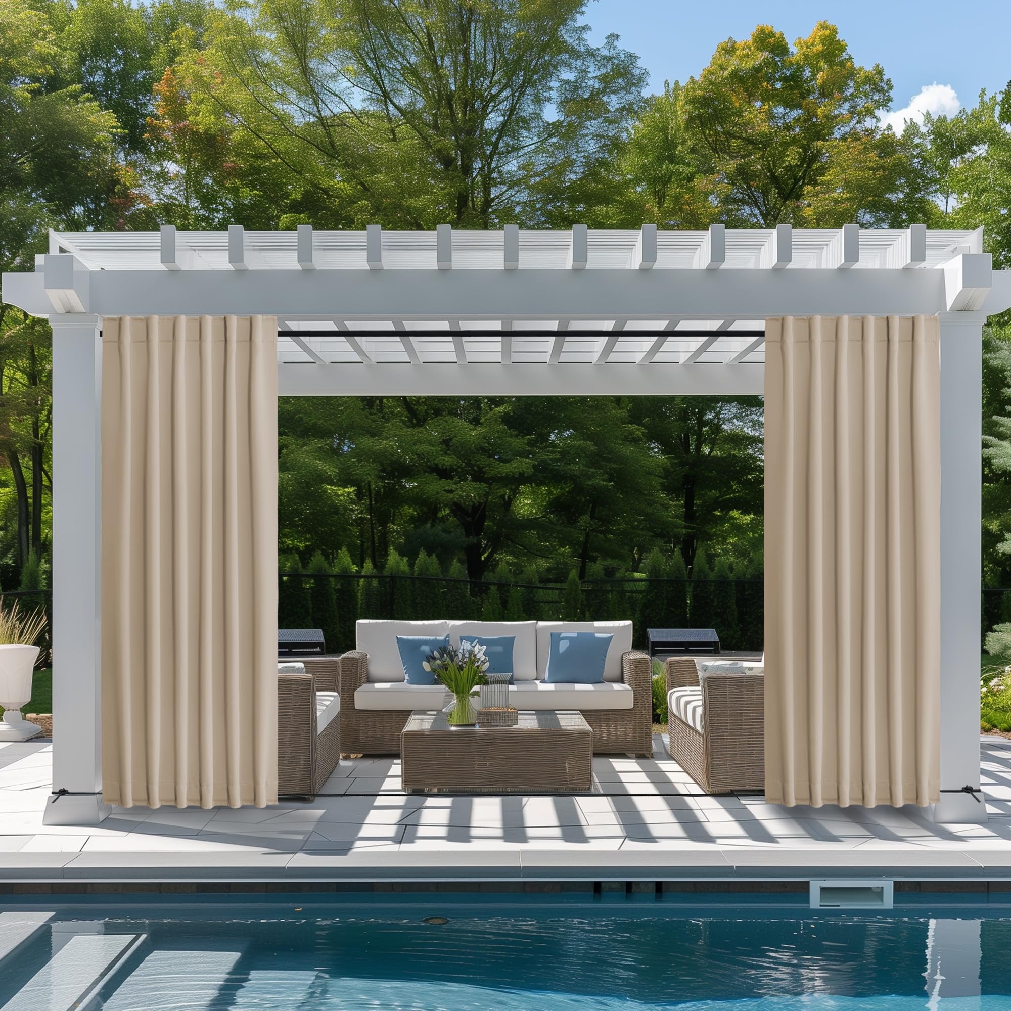 NICETOWN 2 Panels Outdoor Curtains Waterproof Pocket & Back Tab on Top & Bottom, Thermal Insulated Windproof Sun Blocking Outside Privacy Drapes for Patio with Fixed Rope, W84 x L84, Natural