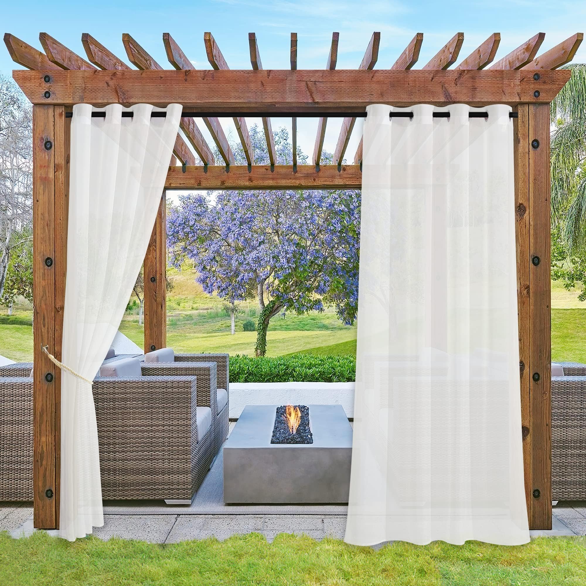 NICETOWN 2 Panels Voile Sheer Patio Outdoor Curtains 108" L Waterproof, Rustproof Grommet Light Filtering Indoor Outdoor Sheer Curtain Drapes for Cabana/Arbor, Ivory, W54 x L108