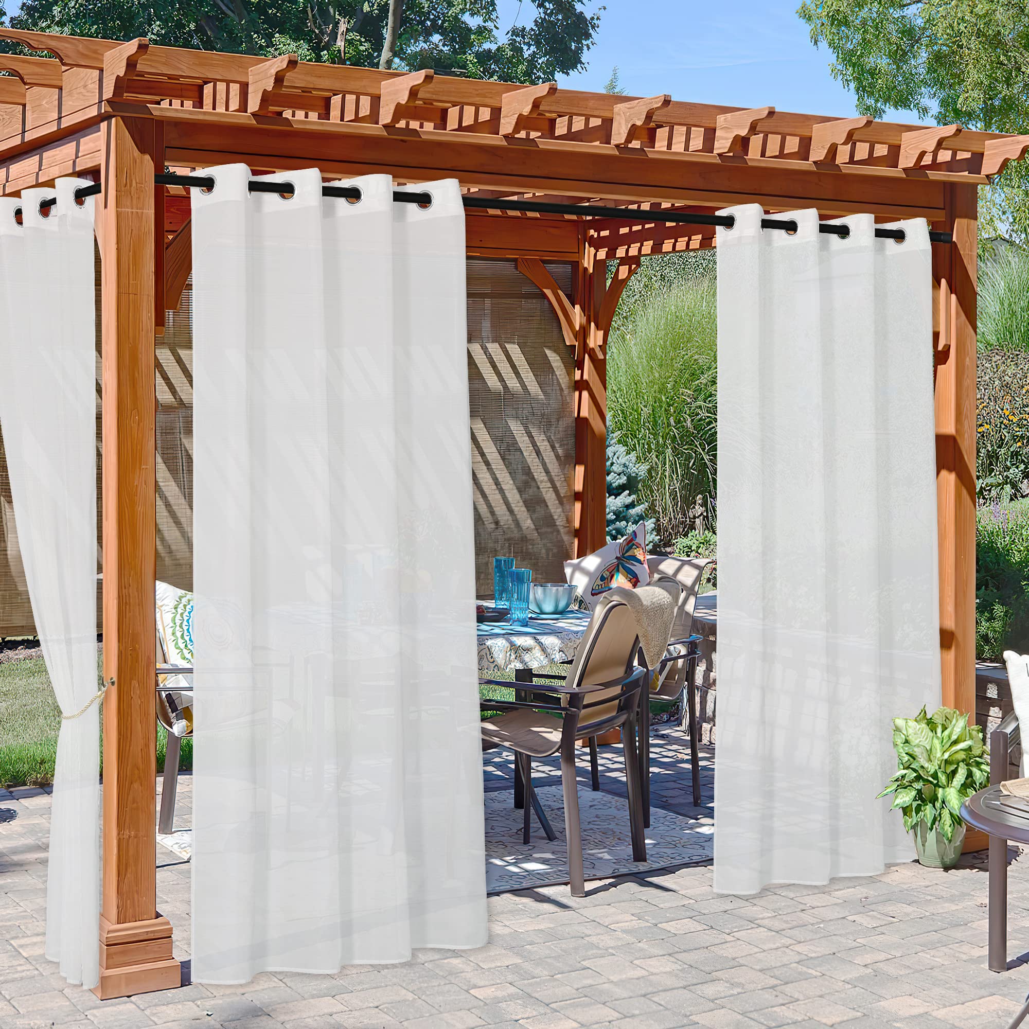 NICETOWN 2 Panels Voile Sheer Patio Outdoor Curtains 108" L Waterproof, Rustproof Grommet Light Filtering Indoor Outdoor Sheer Curtain Drapes for Cabana/Arbor, Ivory, W54 x L108
