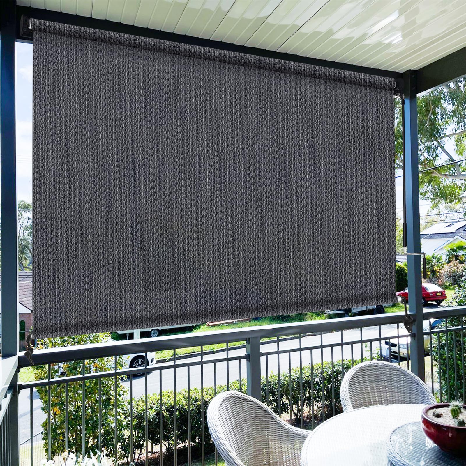 Amagenix Outdoor Roller Shades 10'(W) X 8'(H), Exterior Cordless Patio Shades Roll Up Outdoor Blinds with Spliced Poles Design, 90% UV Protection for Porch Gazebo Pergola, Grey
