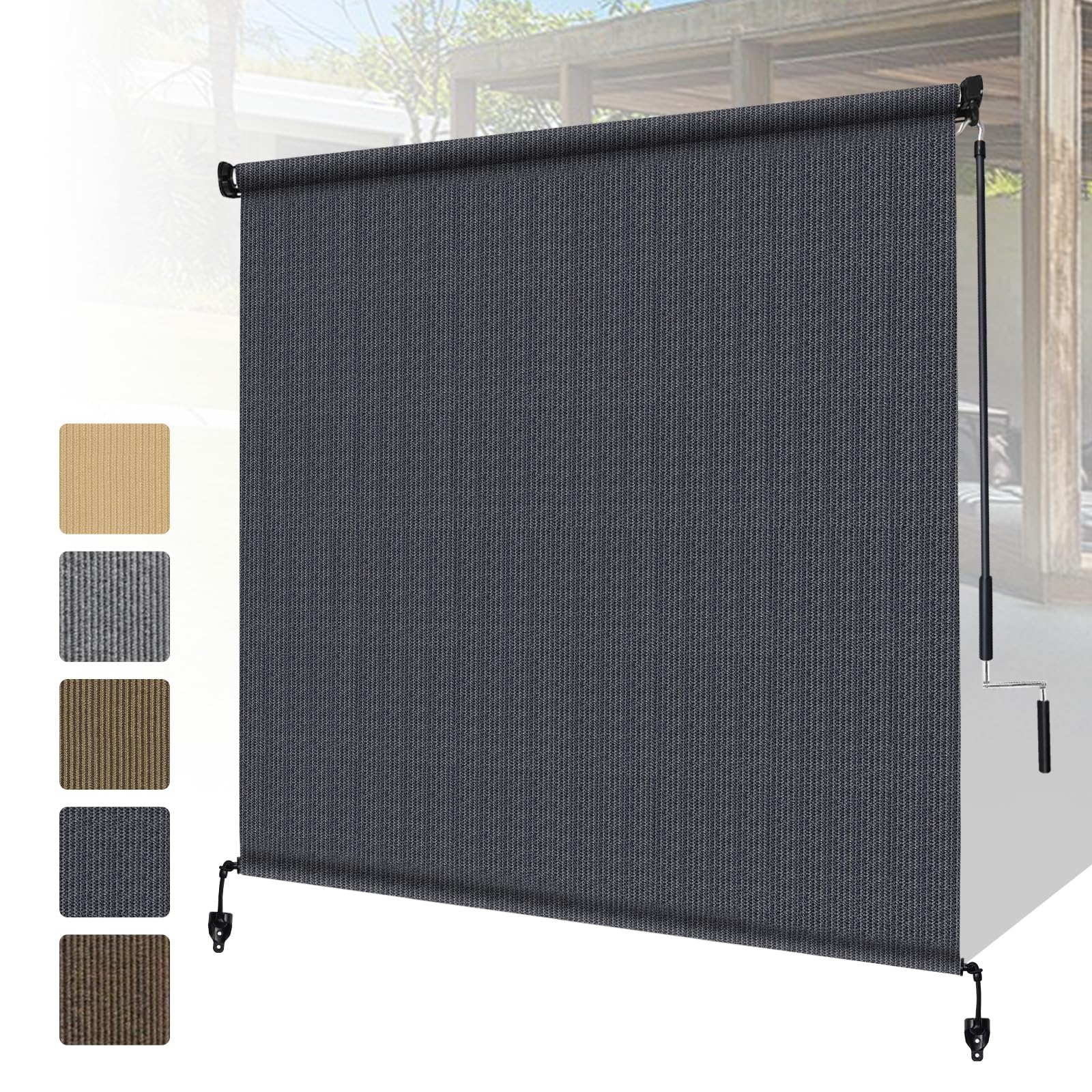 Shade&Beyond Outdoor Roller Shades with Splicing Design, 8' W x 8' H Cordless Patio Roll Up Blinds, Exterior Shade Cloth Roll for Porch, Gazebo, Pergola, Balcony, Mocha