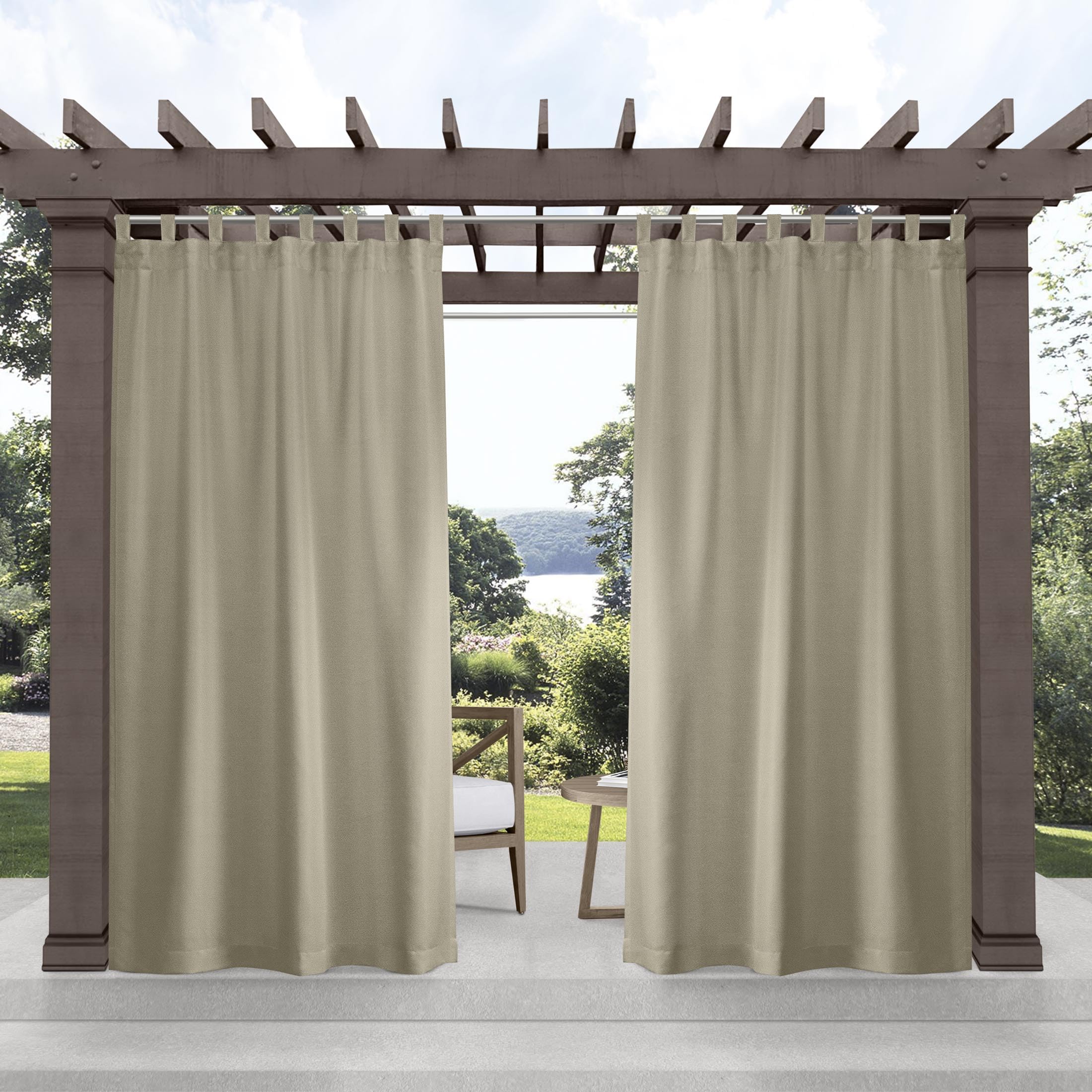Exclusive Home Cabana Solid Indoor/Outdoor Light Filtering Hook-and-Loop Tab Top Curtain Panel Pair, 54"x96", Vanilla
