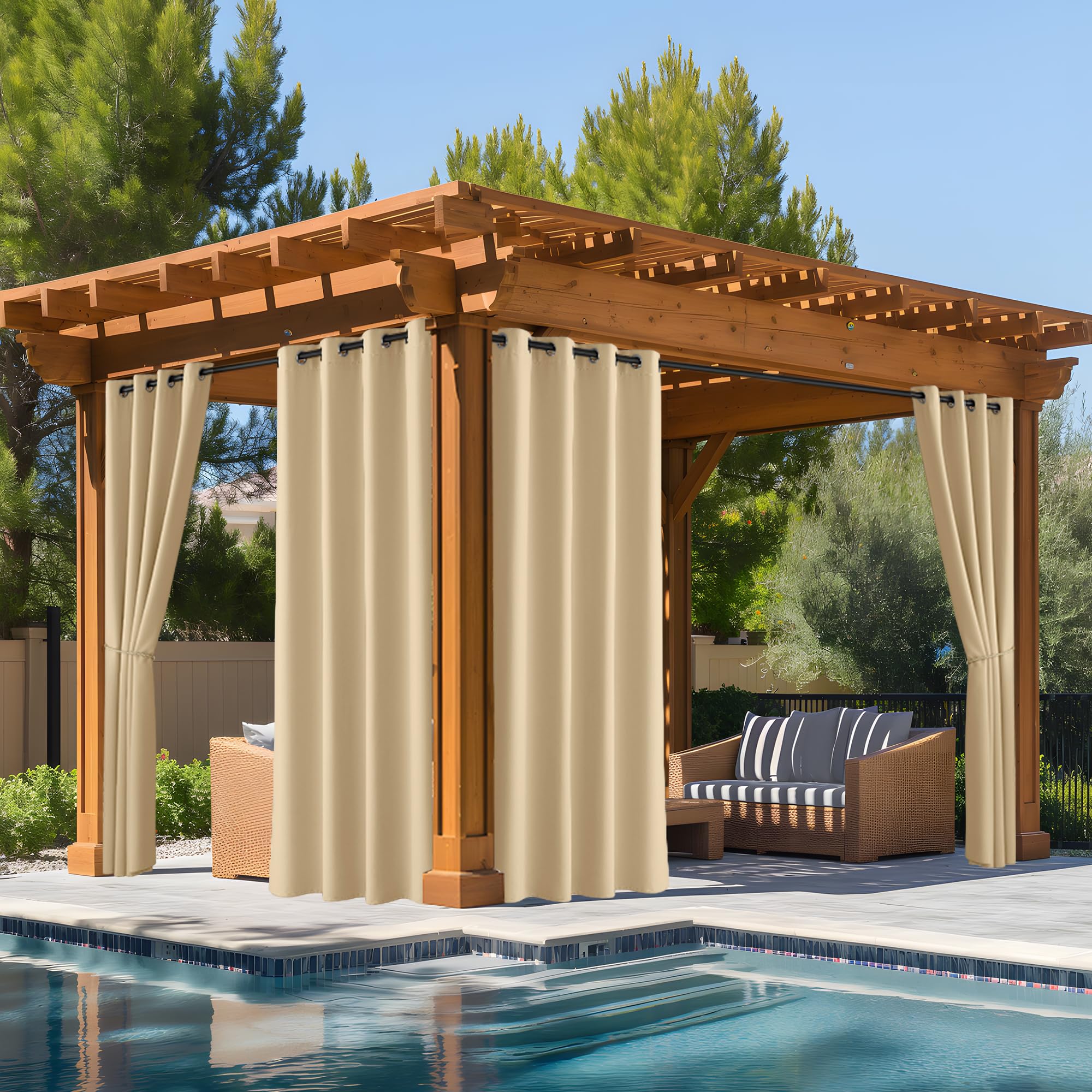 NICETOWN Outdoor Curtains for Patio Waterproof 95" L, Blackout Gazebo Curtain for Pergola/Porch Weatherproof, UV & Privacy Protection Outside Drape, 52" Wide, 1 Panel, Biscotti Beige