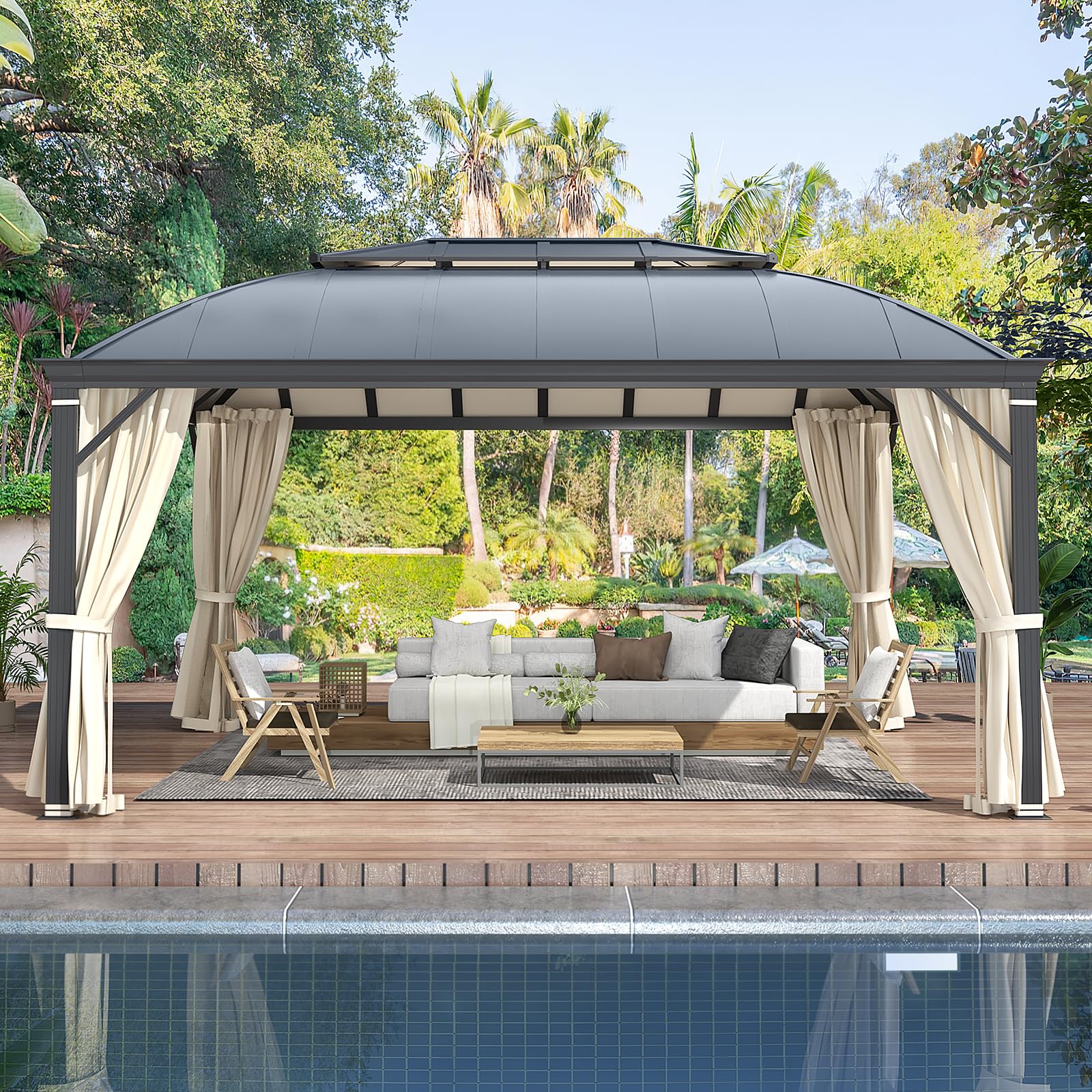 YOLENY 10'x13' Hardtop Gazebo, Outdoor Polycarbonate Double Roof Canopy, Aluminum Frame Permanent Pavilion with Curtains and Netting, Sunshade for Garden, Lawns, Patio