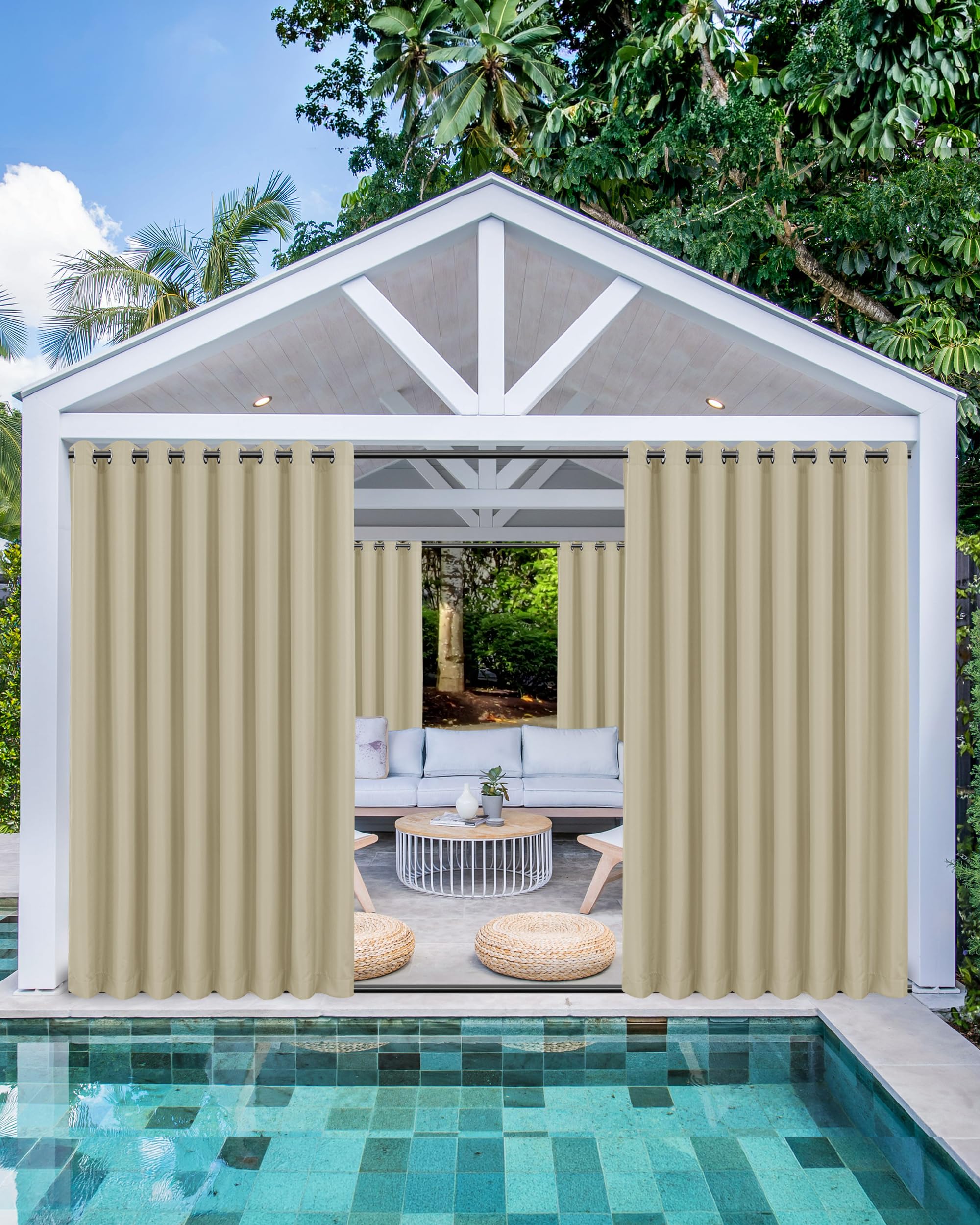 HolidayIdeas Outdoor Curtains for Patio Waterproof 4 Panels 54x95 Inch-Windproof Weatherproof Privacy White Curtains-Grommet Top and Tab Bottom Drape for Gazebo, Porch, Pergola, Cabana, Backyard
