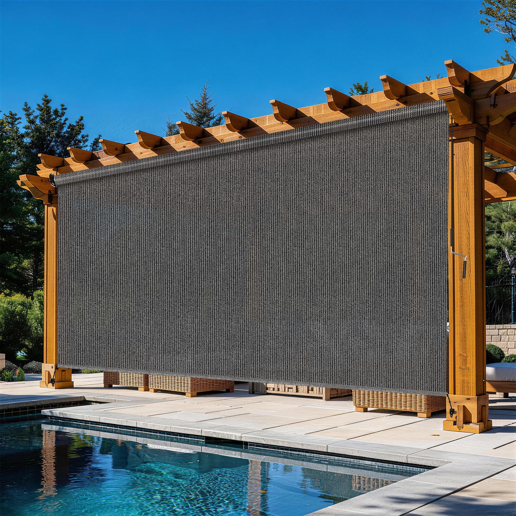 Grey Outdoor Roller Shades 8' W x 8' H, Exterior Cordless Patio Shade Roll up-Down Blinds Spliced Design (Fixed 2 Poles, One-Full Piece Fabric Sunshade)