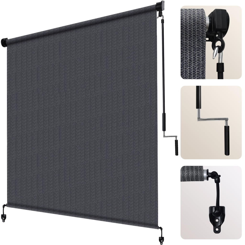 Artpuch Outdoor Roller Shade 8' W x 6' H, Mocha Exterior Cordless Patio Shades Roll Up Blinds with Spliced Pole Design, (2 Poles, One-Piece Fabric)