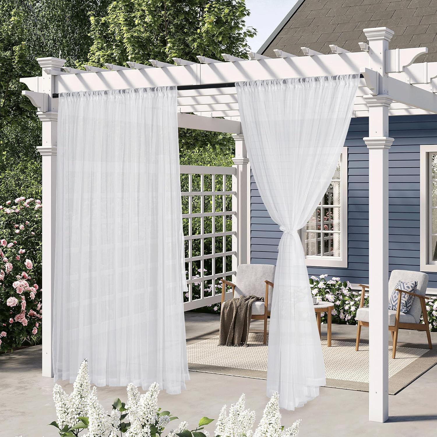 RYB HOME 2 Layers White Outdoor Sheer Curtains for Patio Waterproof, Privacy Added Voile Sheer Light Filtering Outdoor Decor Indoor Curtains for Porch Pergola Living Room, W54 x L84, White, 2 Panels